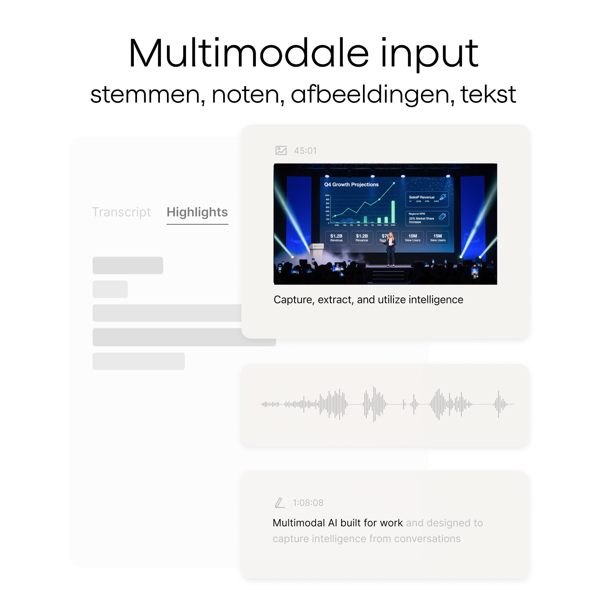 Obraz przedstawia prezentację z wykresami i tekstem oraz przebiegami audio z podświetlonymi transkryptami.