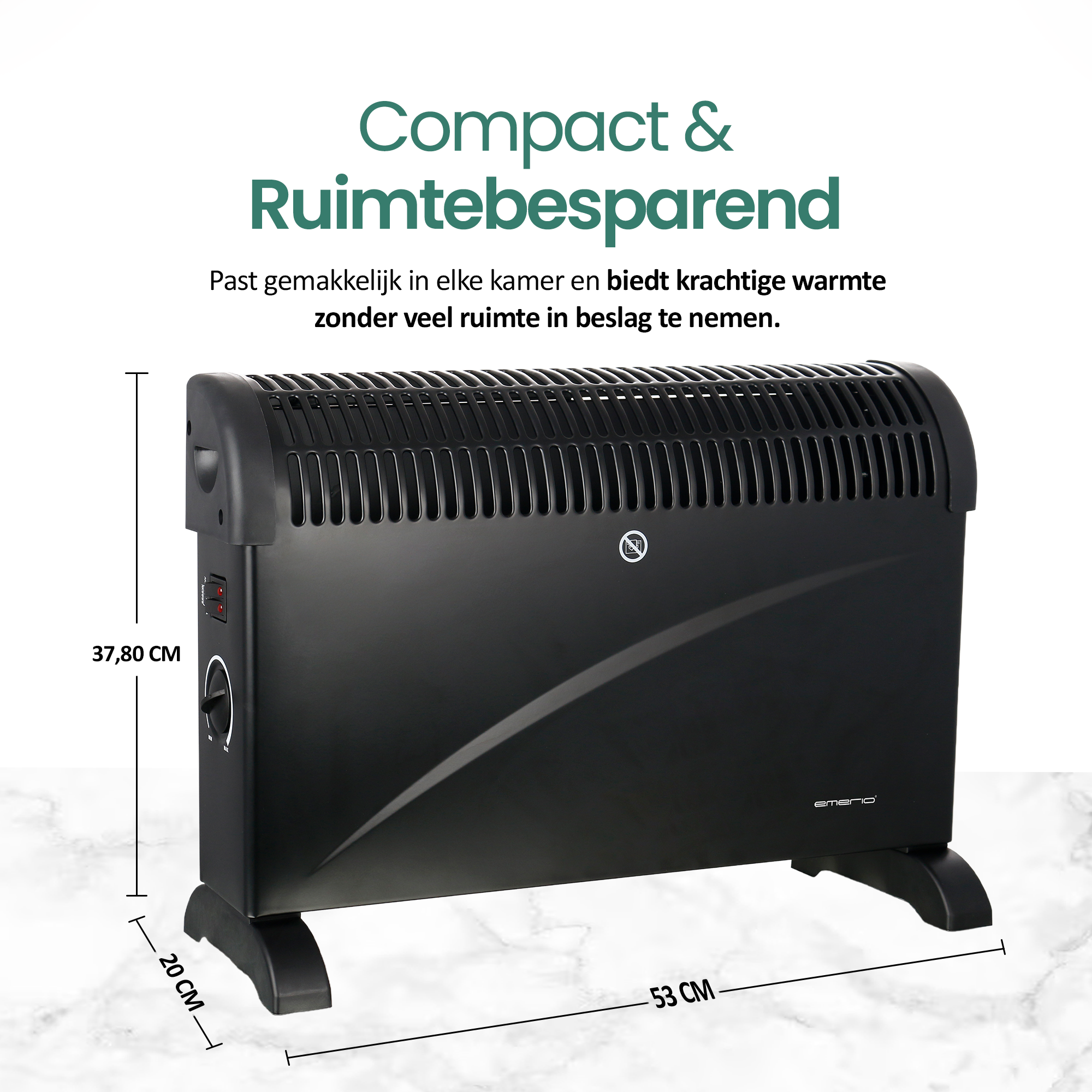 Een zwarte elektrische kachel met afmetingen. Boven: 'Compact & Ruimtebesparend'.