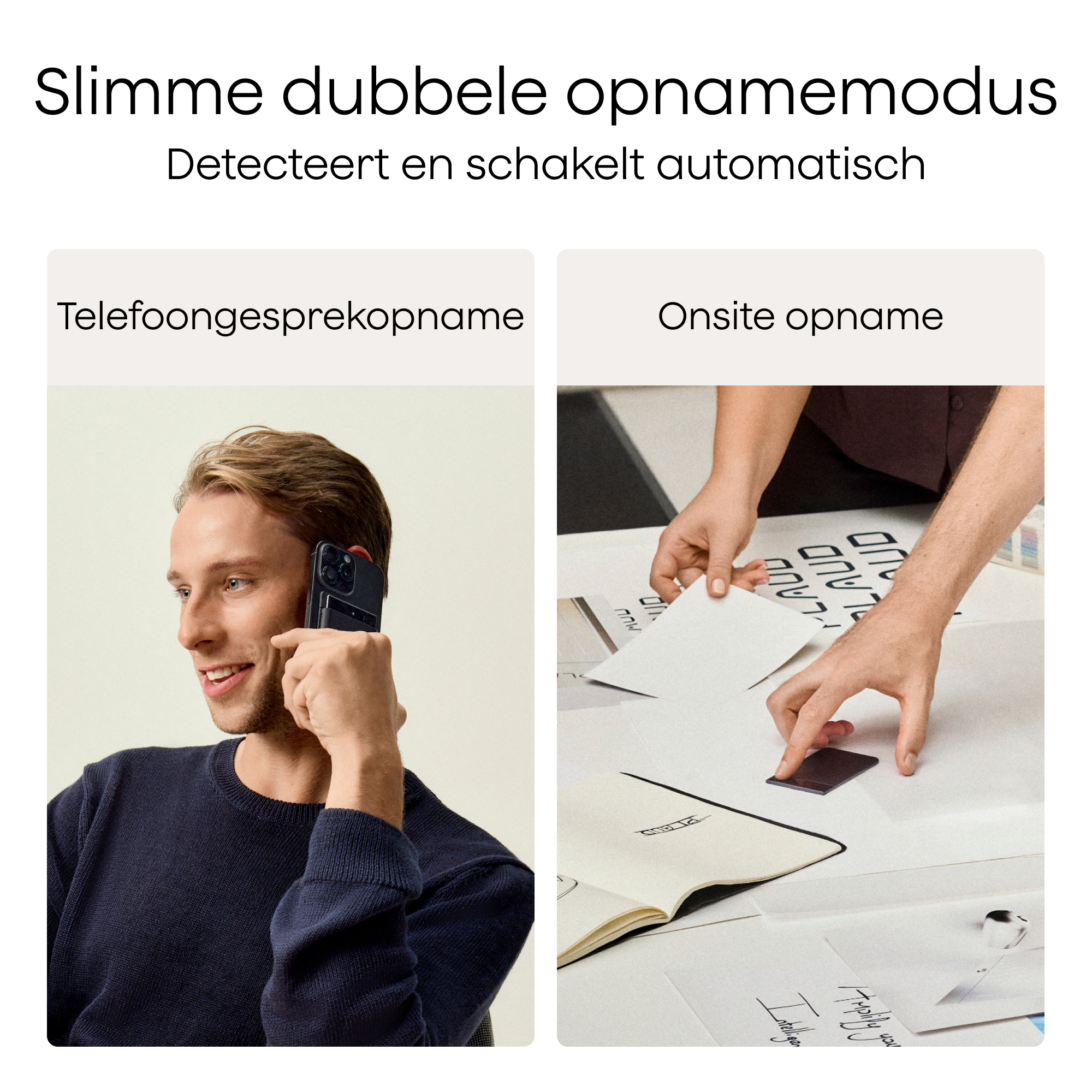 Obraz przedstawia dwa scenariusze: nagrywanie rozmów telefonicznych i nagrywanie na miejscu. Mężczyzna trzyma telefon. Ręce układają papiery.