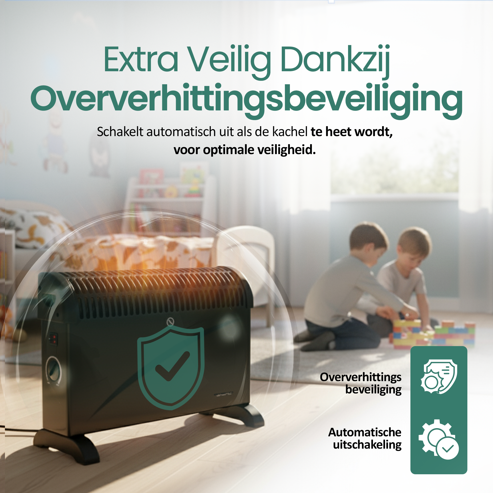 Afbeelding toont een kachel met veiligheidsvoorzieningen. Twee kinderen spelen op de achtergrond. Tekst benadrukt oververhittingsbeveiliging.