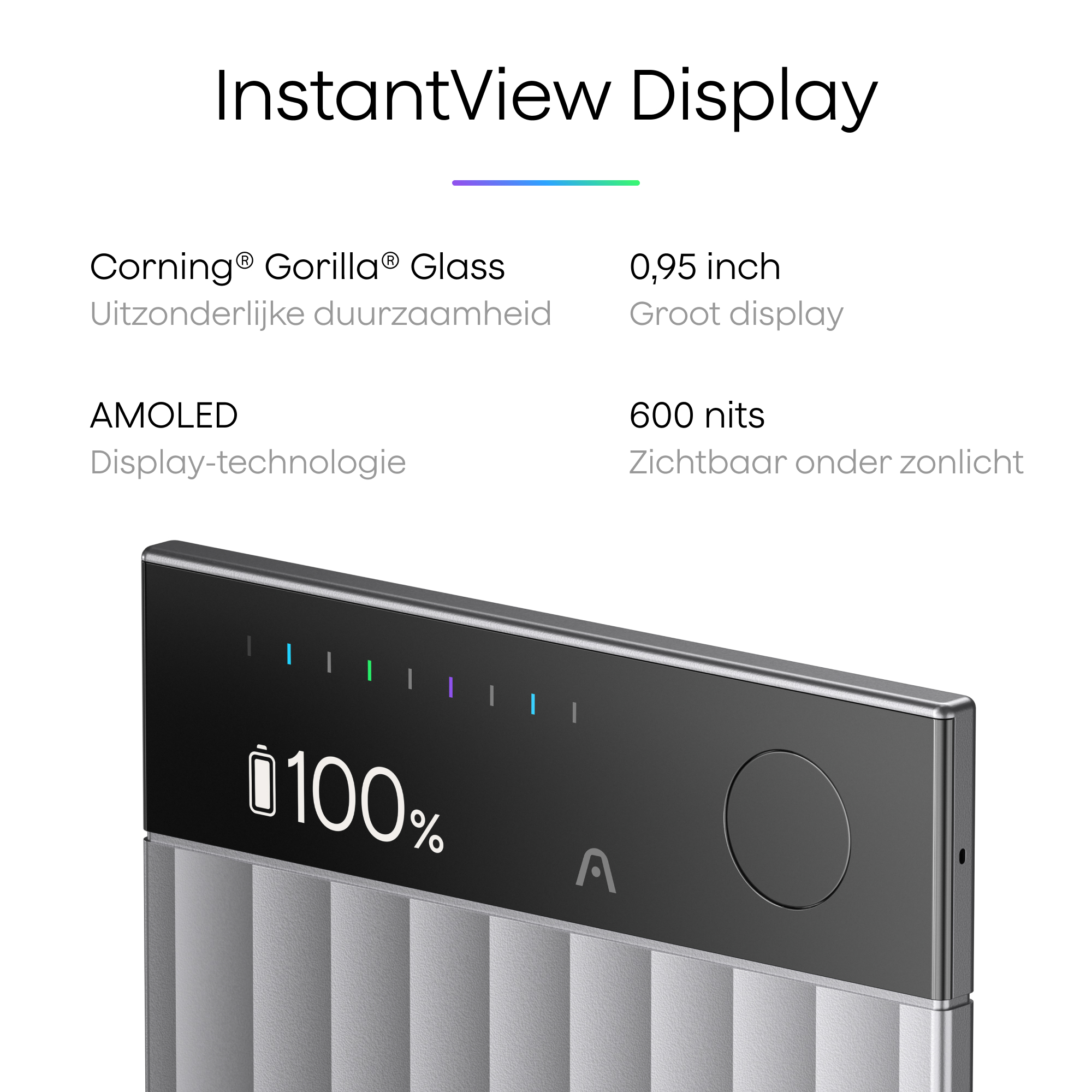Zbliżenie czarnego wyświetlacza pokazującego 100% baterii. Wyświetlacz ma przycisk i kolorowe paski.