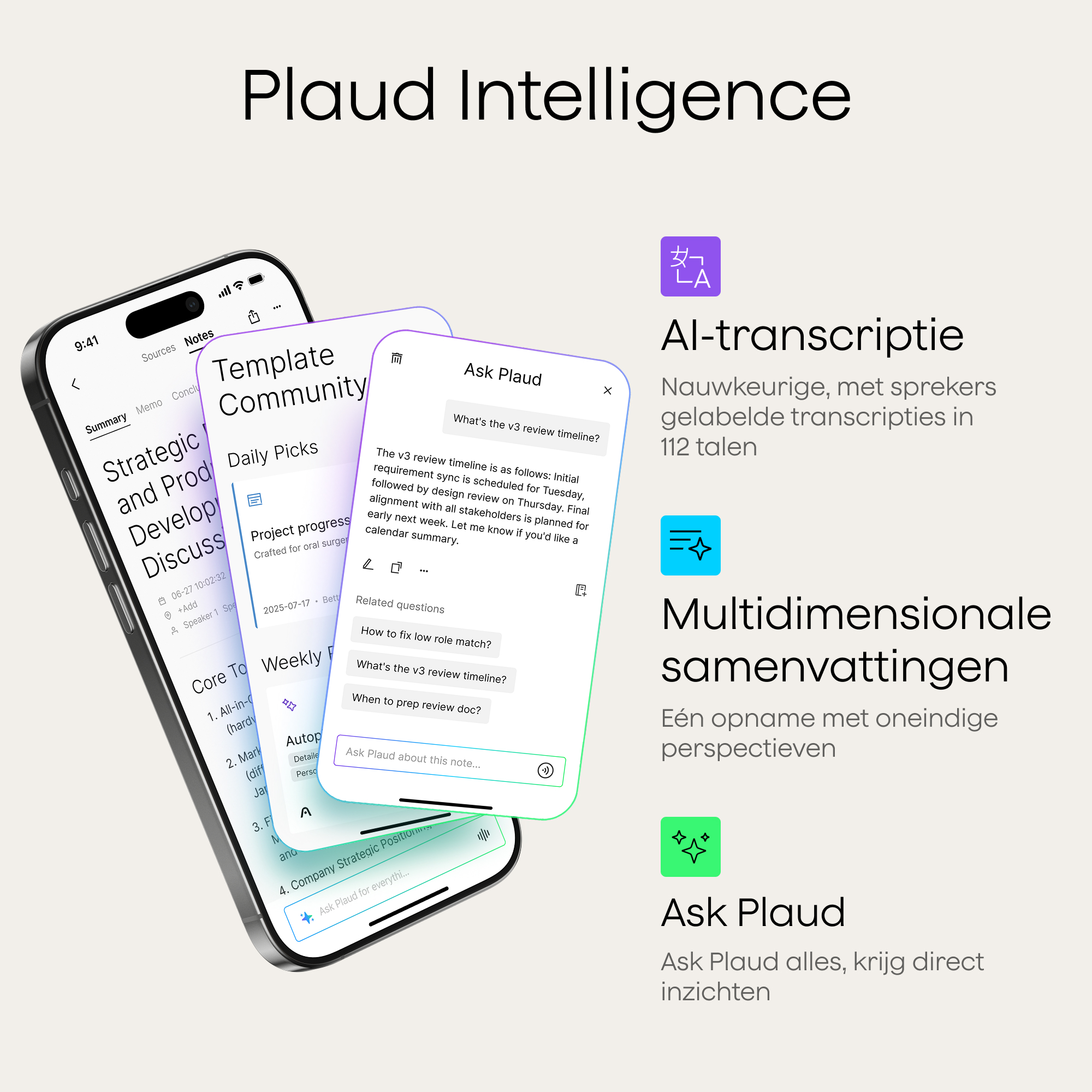 Un téléphone affiche des notes et des écrans d'applications, du texte et des icônes. Le texte comprend 'Plaud Intelligence' et 'Ask Plaud'.