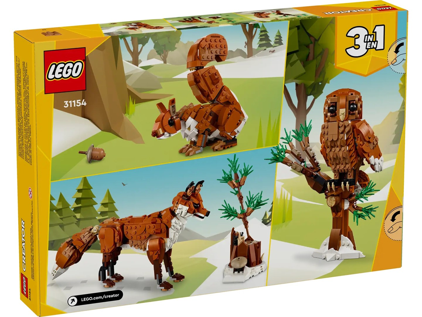 Scatola LEGO Creator 3 in 1 con modelli di scoiattolo, volpe e gufo. La scatola è gialla e ha il logo LEGO.