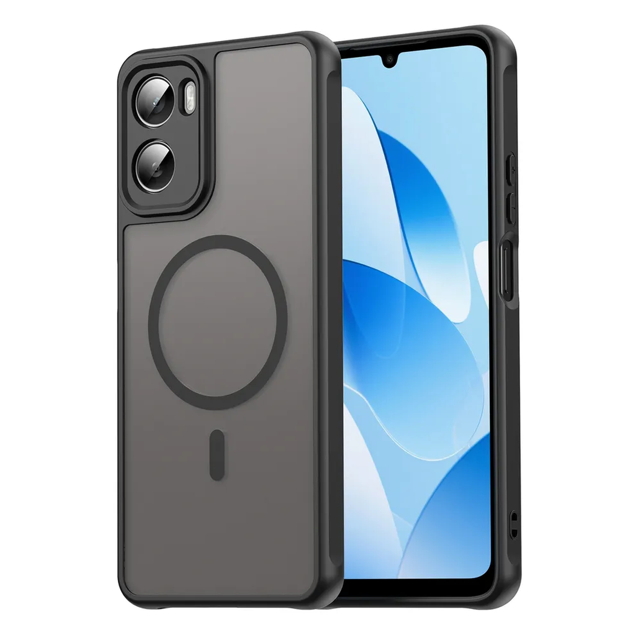 Un téléphone dans un étui noir. L'étui a une découpe pour l'appareil photo, un cercle magnétique et un bouton d'alimentation.