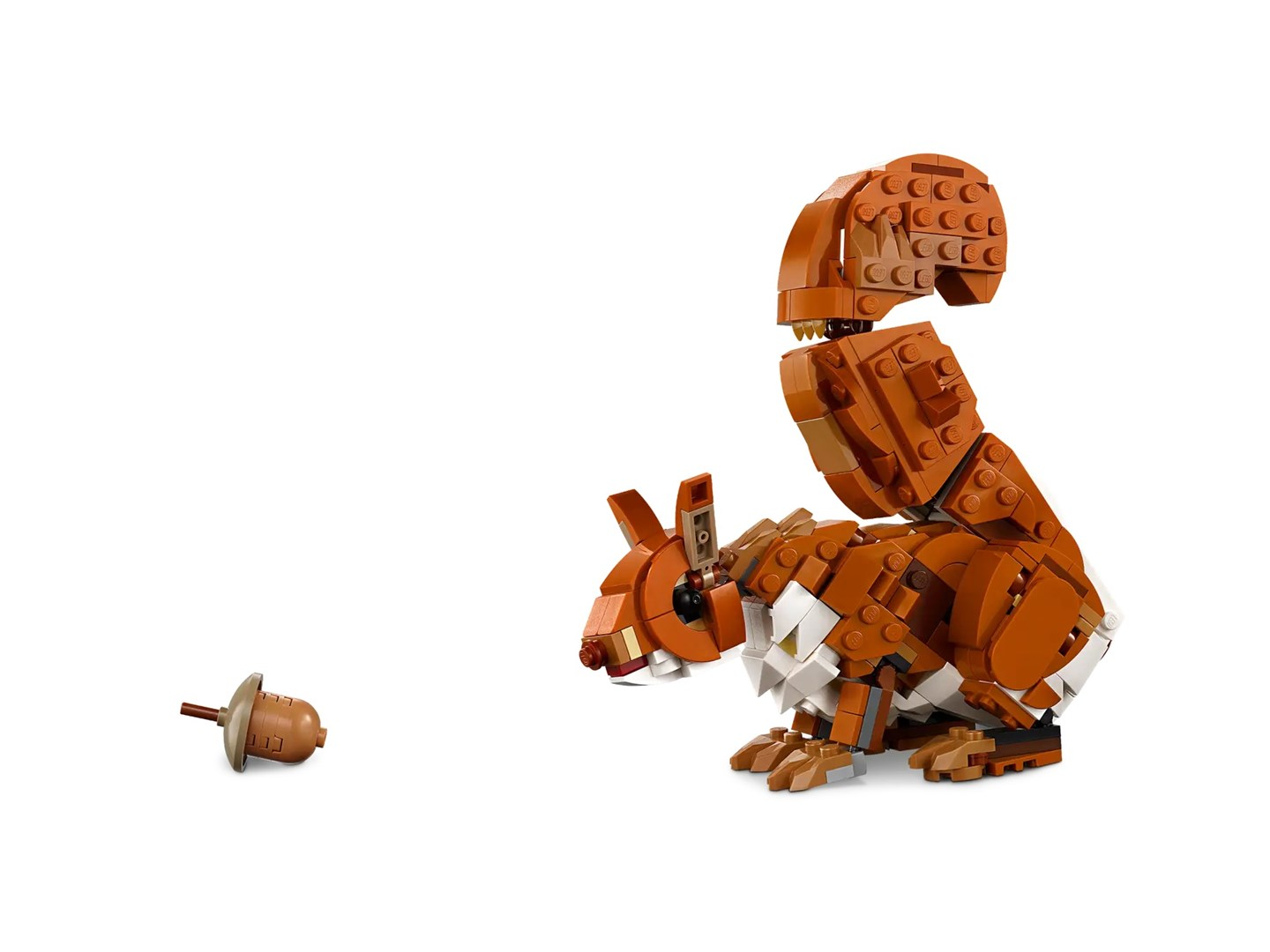 Uno scoiattolo Lego fatto di blocchi marroni e bianchi. Guarda una ghianda marrone su sfondo bianco.