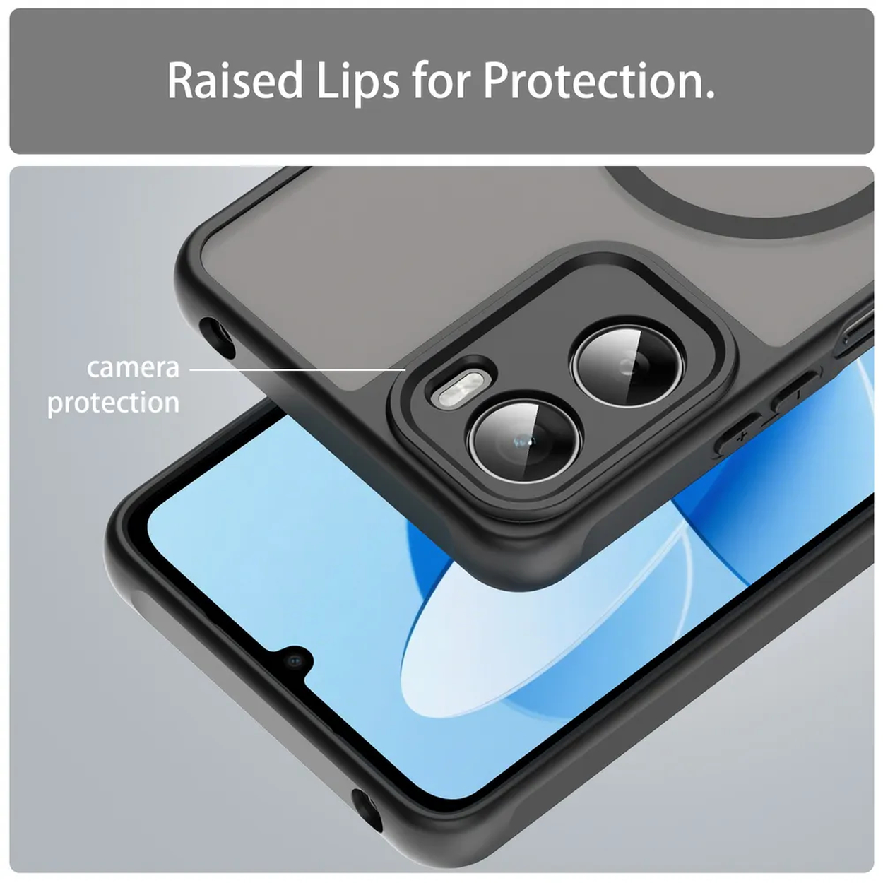 Une coque de téléphone avec des rebords surélevés pour la protection de l'appareil photo. La coque est noire et partiellement transparente, révélant l'écran du téléphone.