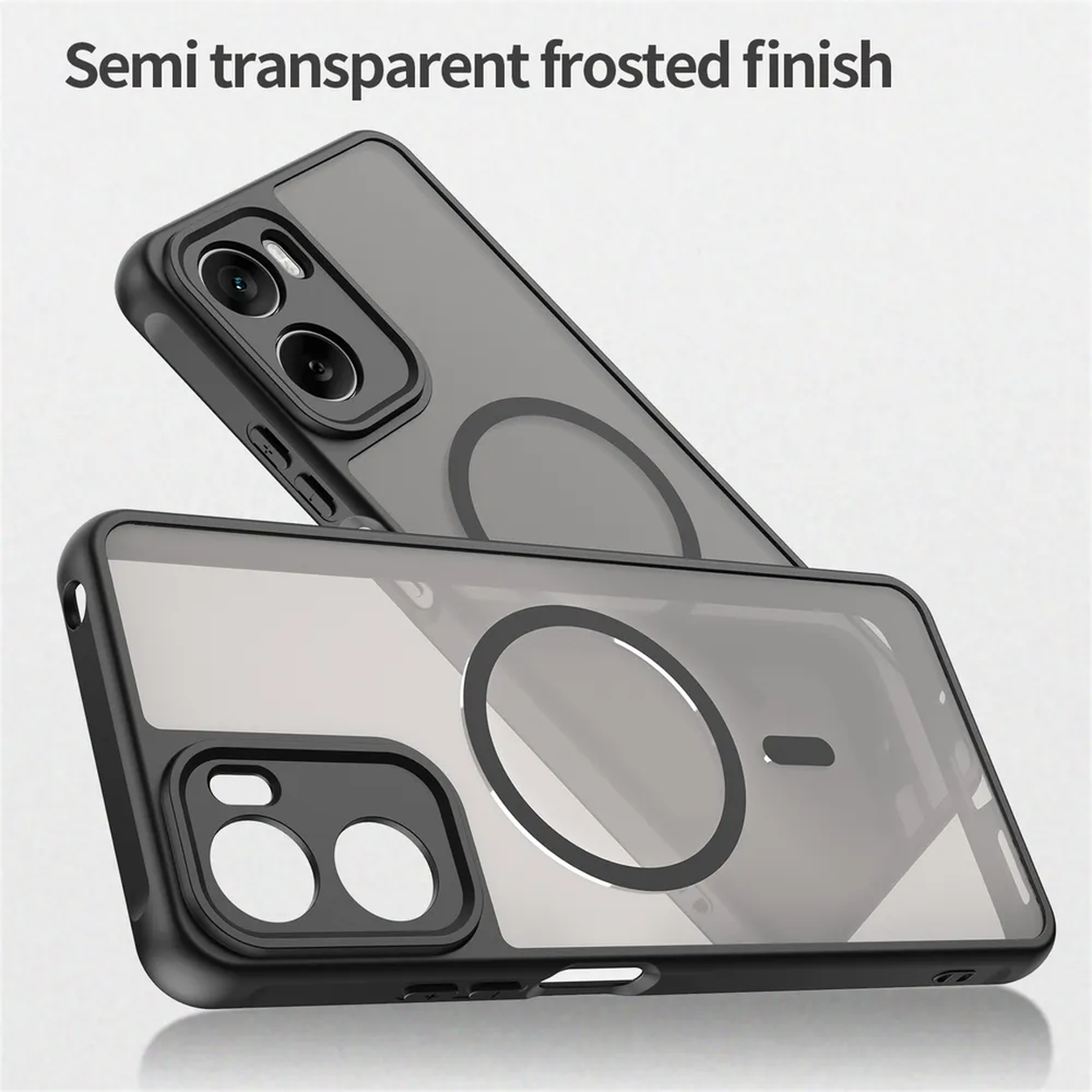 Deux coques de téléphone noires et transparentes sont présentées, l'une sur l'autre, avec une finition givrée semi-transparente.