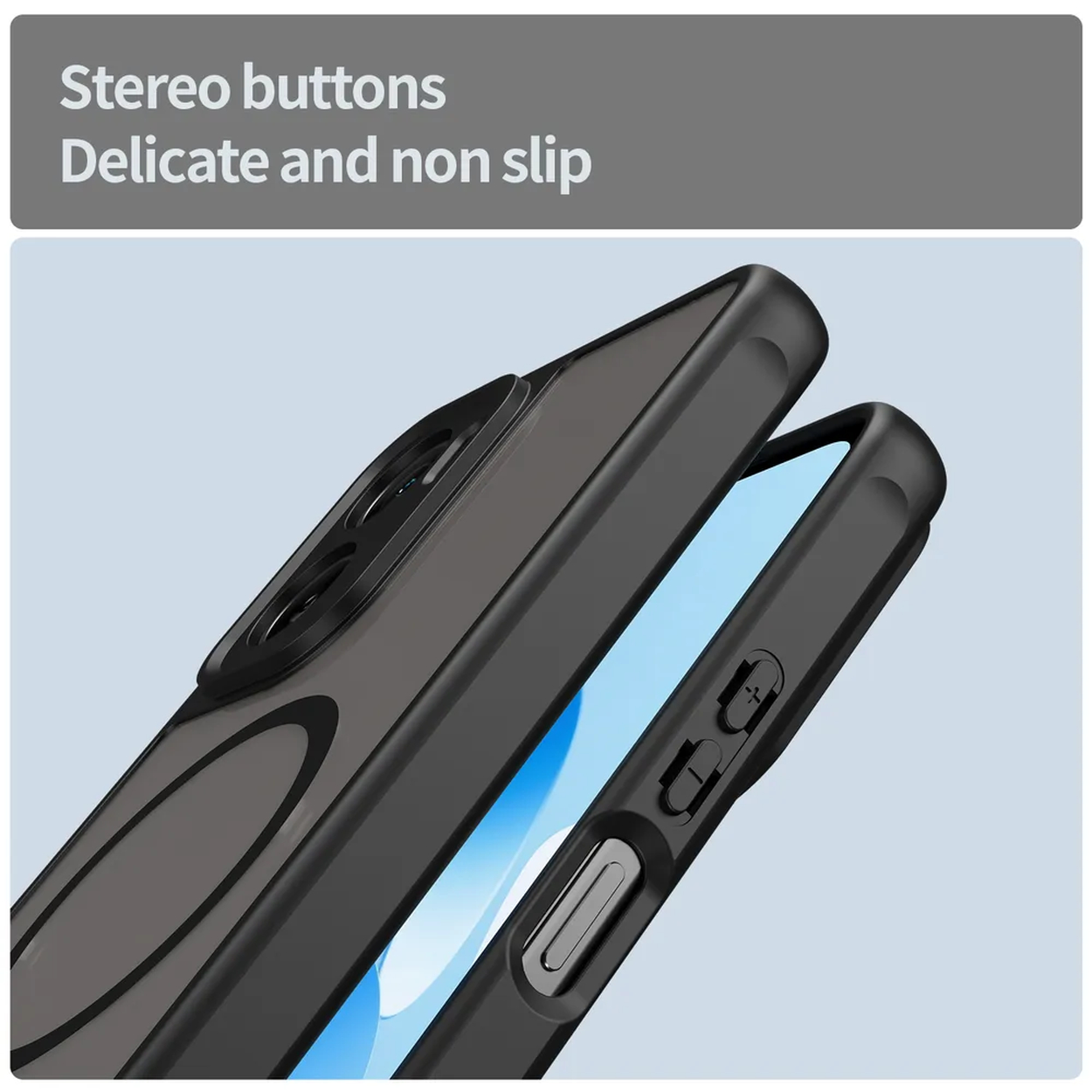 Coque de téléphone noire avec boutons stéréo et gros plan sur les boutons latéraux. La coque est délicate et antidérapante.
