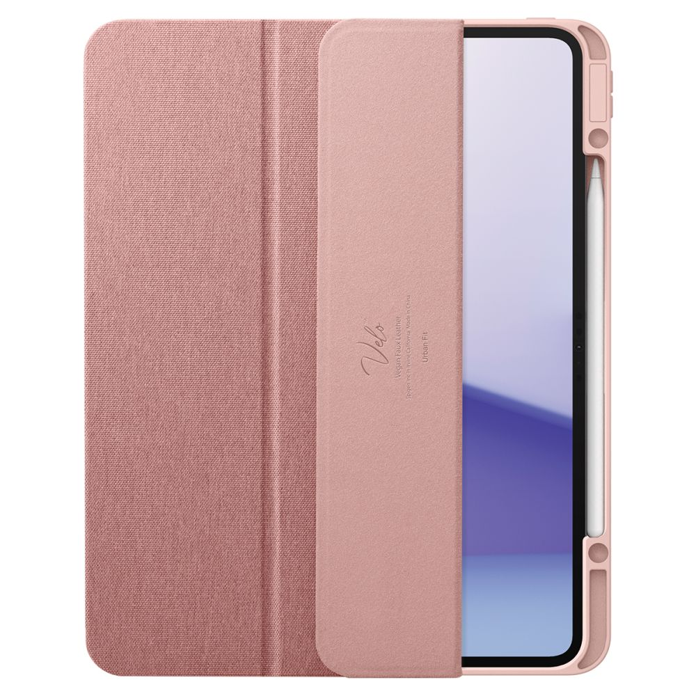 Een tablet in een roze hoesje met een stylus. De hoes is open en toont het scherm. De merknaam Velo is gedrukt.
