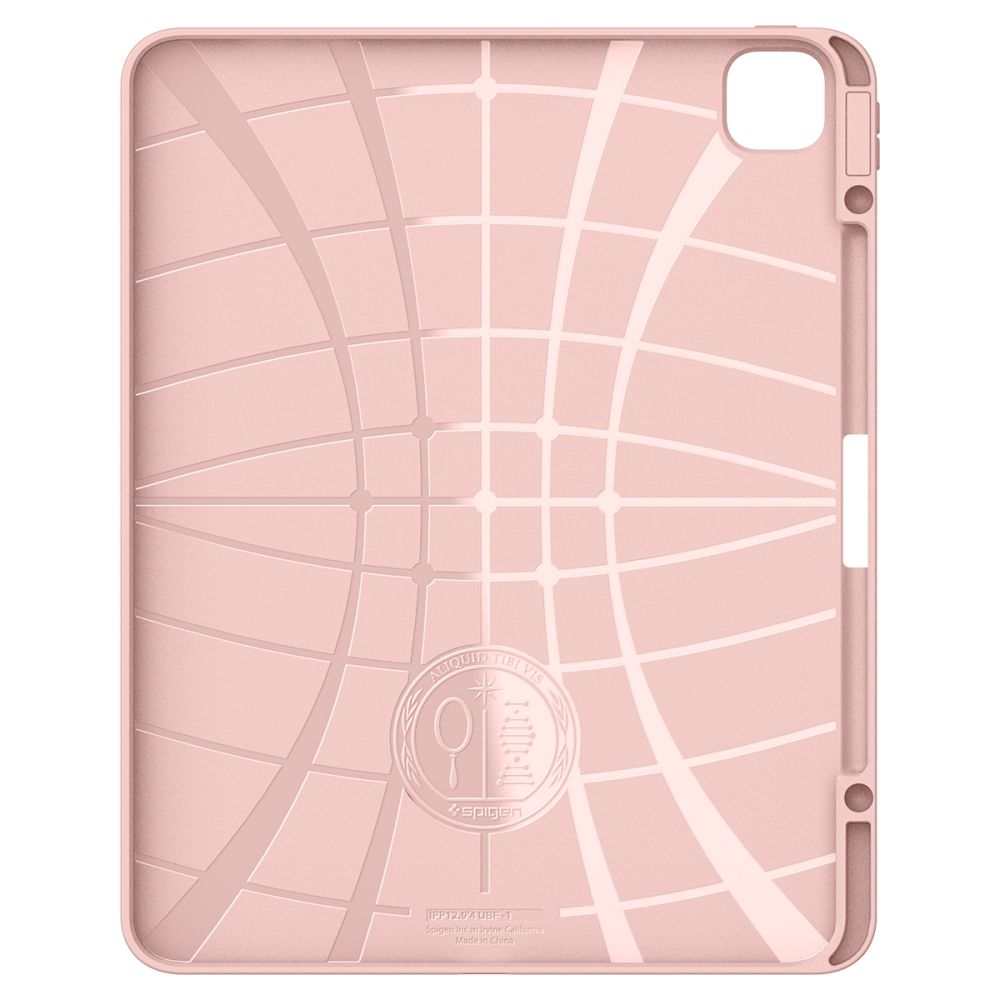 Een roze iPad-hoes met een rasterpatroon en het Spigen-logo. Het heeft uitsparingen voor de camera en knoppen.