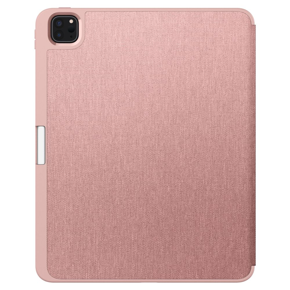 Een roze iPad-hoes. Het heeft een getextureerde stof, een uitsparing voor de camera en een magnetische sluiting. De hoes is gesloten.