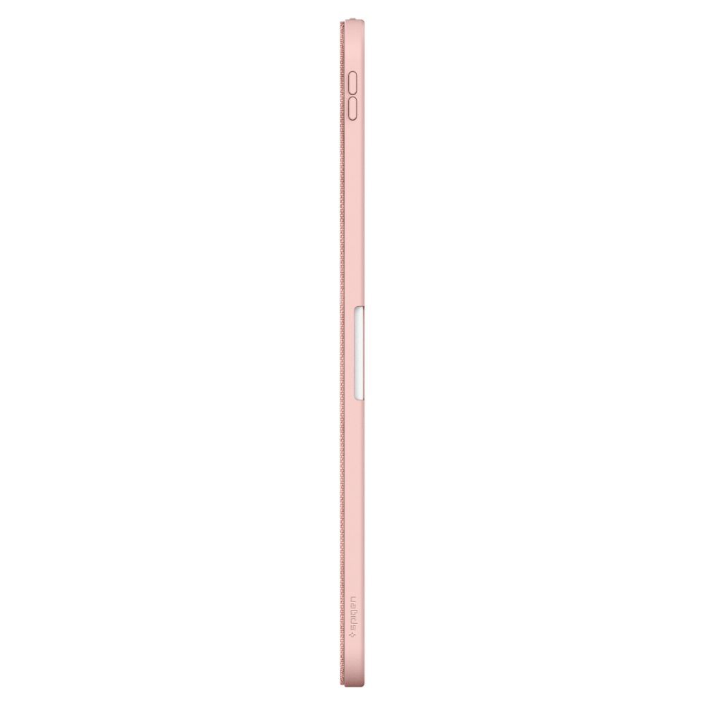 Zijaanzicht van een roze tablethoes. Het heeft een gestructureerd oppervlak met een witte magnetische sluiting. De randen hebben knoppen.