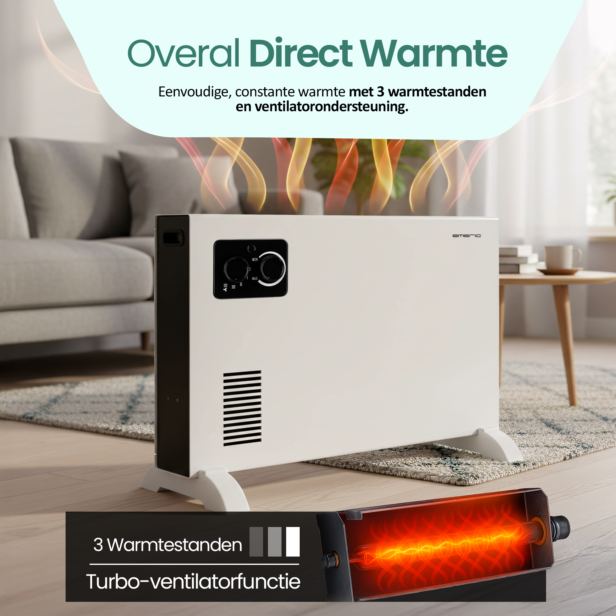 Een witte elektrische kachel staat aan, met een bank op de achtergrond. Het heeft bedieningselementen en een intern verwarmingselement.