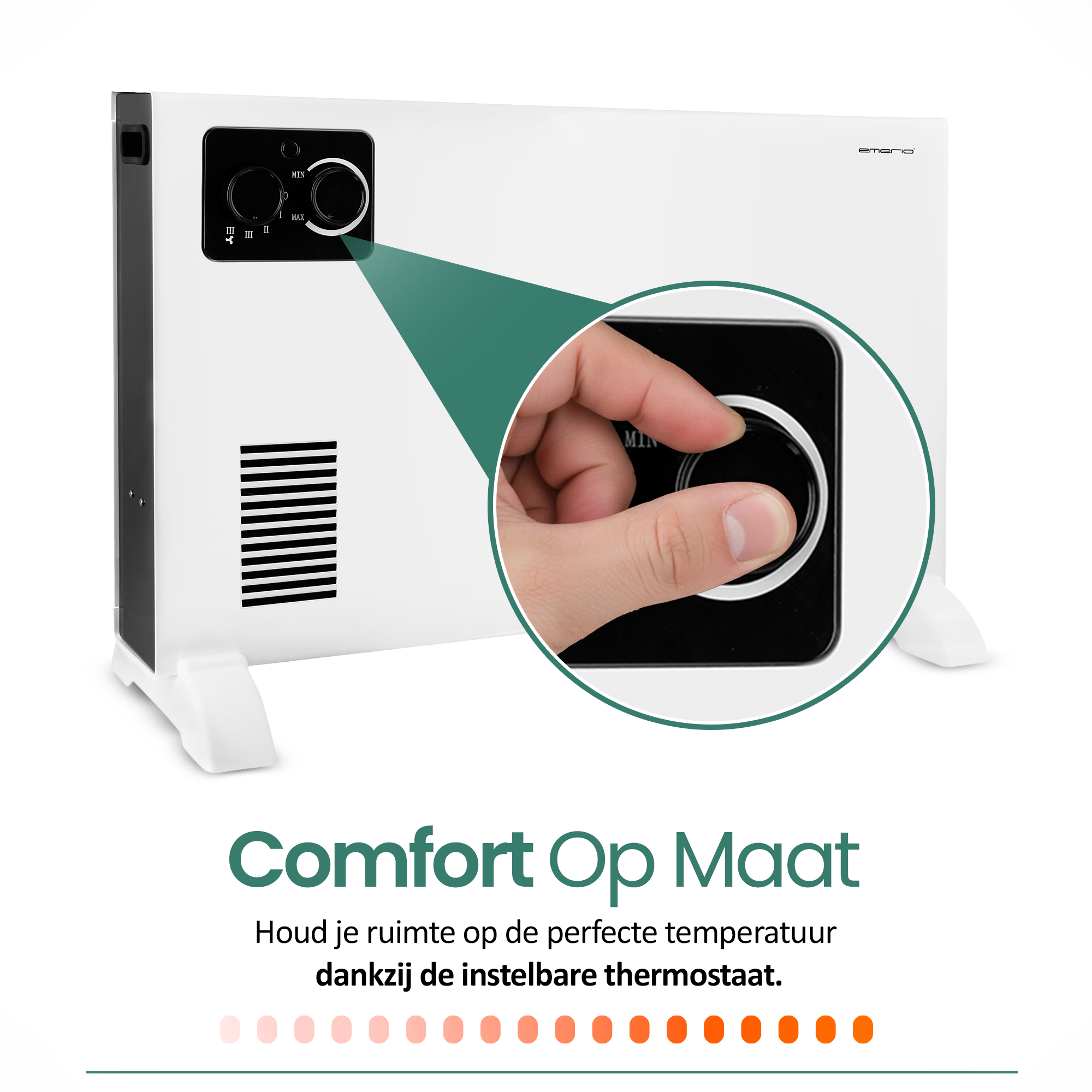 Een witte elektrische kachel met een hand die aan een zwarte draaiknop draait. Tekst: Comfort Op Maat, met temperatuurregeling.