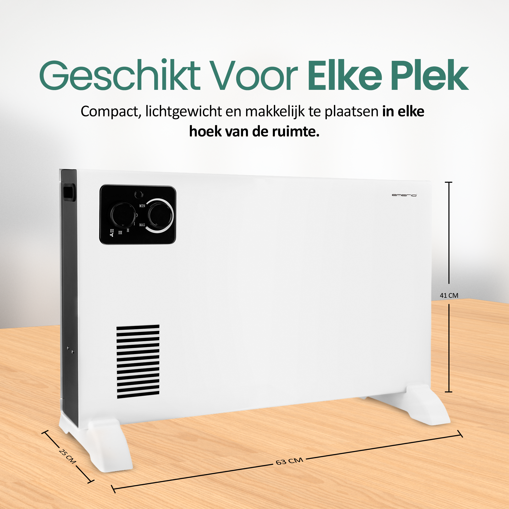 Een witte elektrische kachel op hout, met zwart bedieningspaneel en afmetingen aangegeven.