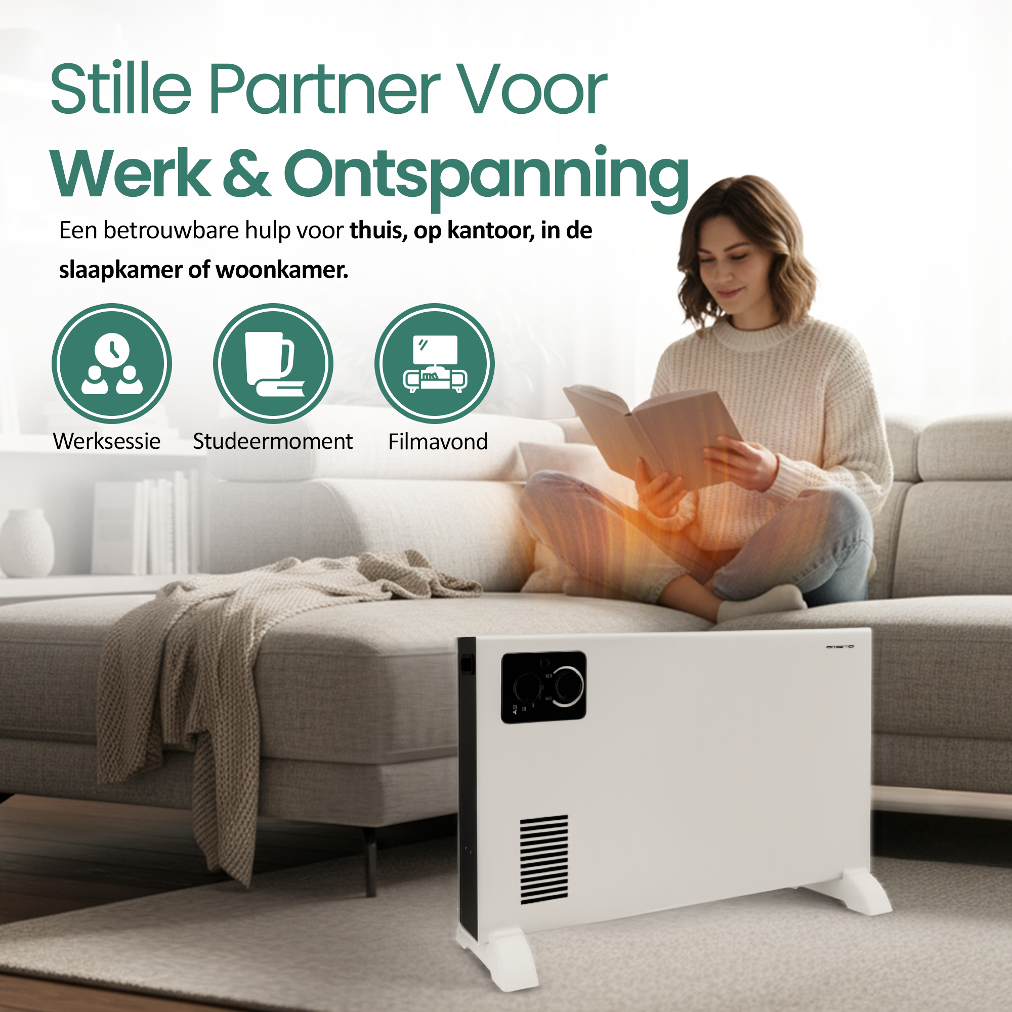 Vrouw leest op een bank, een witte kachel ervoor. Tekst zegt 'Werk & Ontspanning'.