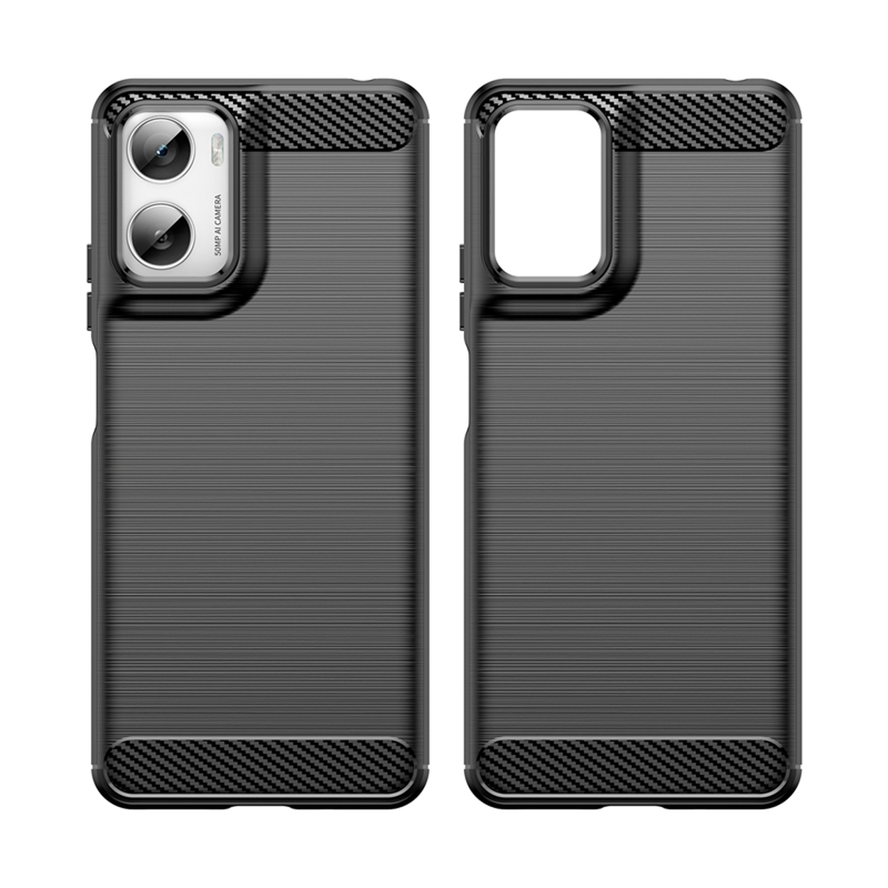Two black phone cases. One has camera cutouts and the text '50MP AI CAMERA'. Both have carbon fiber accents.