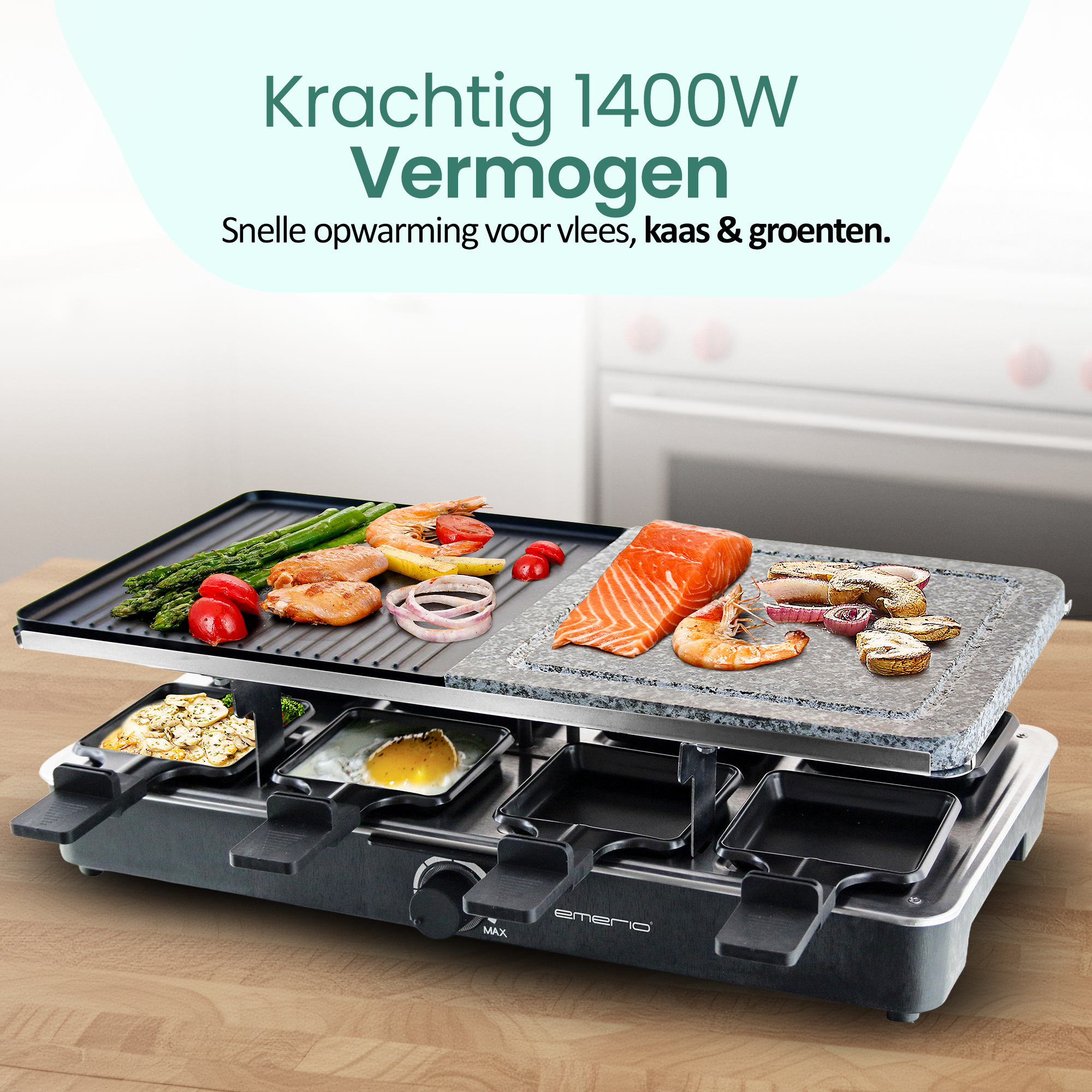 Een raclette grill met eten, waaronder garnalen, zalm en groenten. Het heeft een steen en grill plaat.