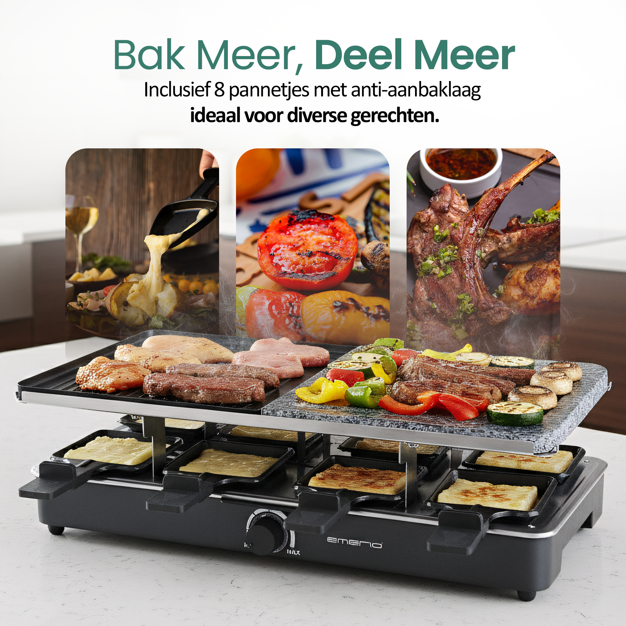 Raclette grill met eten, waaronder vlees, groenten en kaas. Achtergrondafbeeldingen tonen gekookt eten.