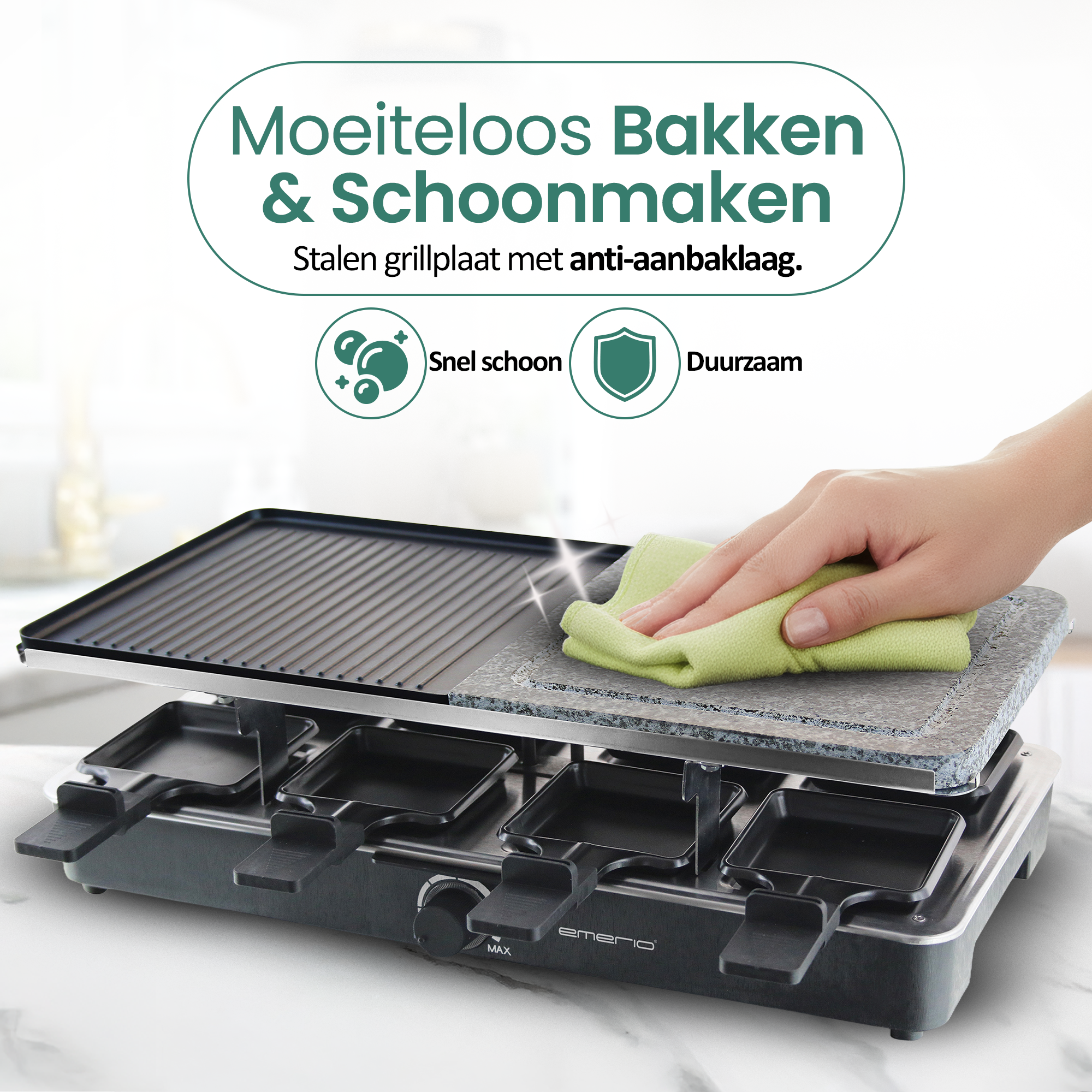 Een raclette grill met een stalen grillplaat. Een hand veegt het af met een groene doek. Tekst zegt 'Gemakkelijk bakken & schoonmaken'.