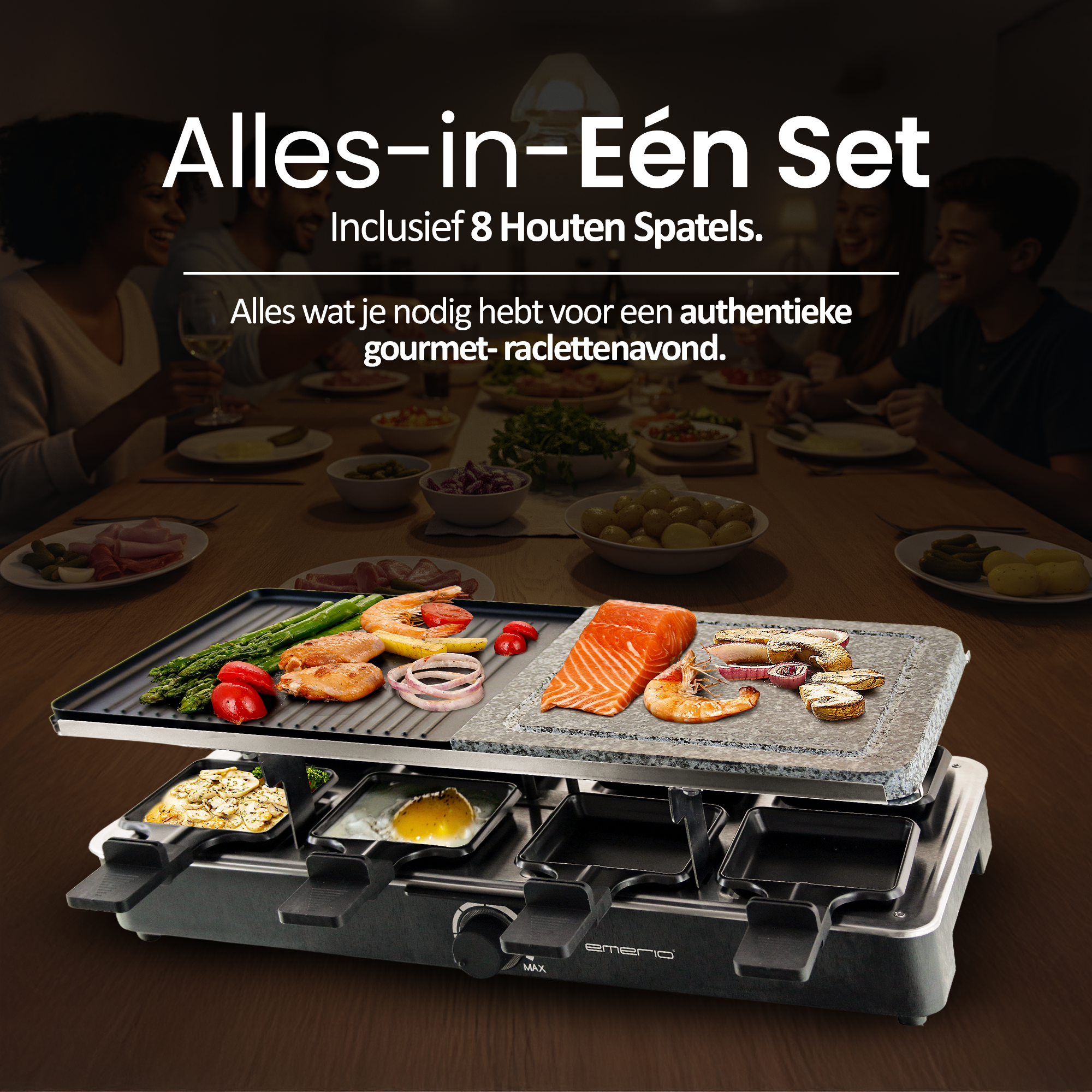 Raclette grill met eten, mensen rond een tafel en tekst 'Alles-in-Eén Set'. Inclusief spatels.