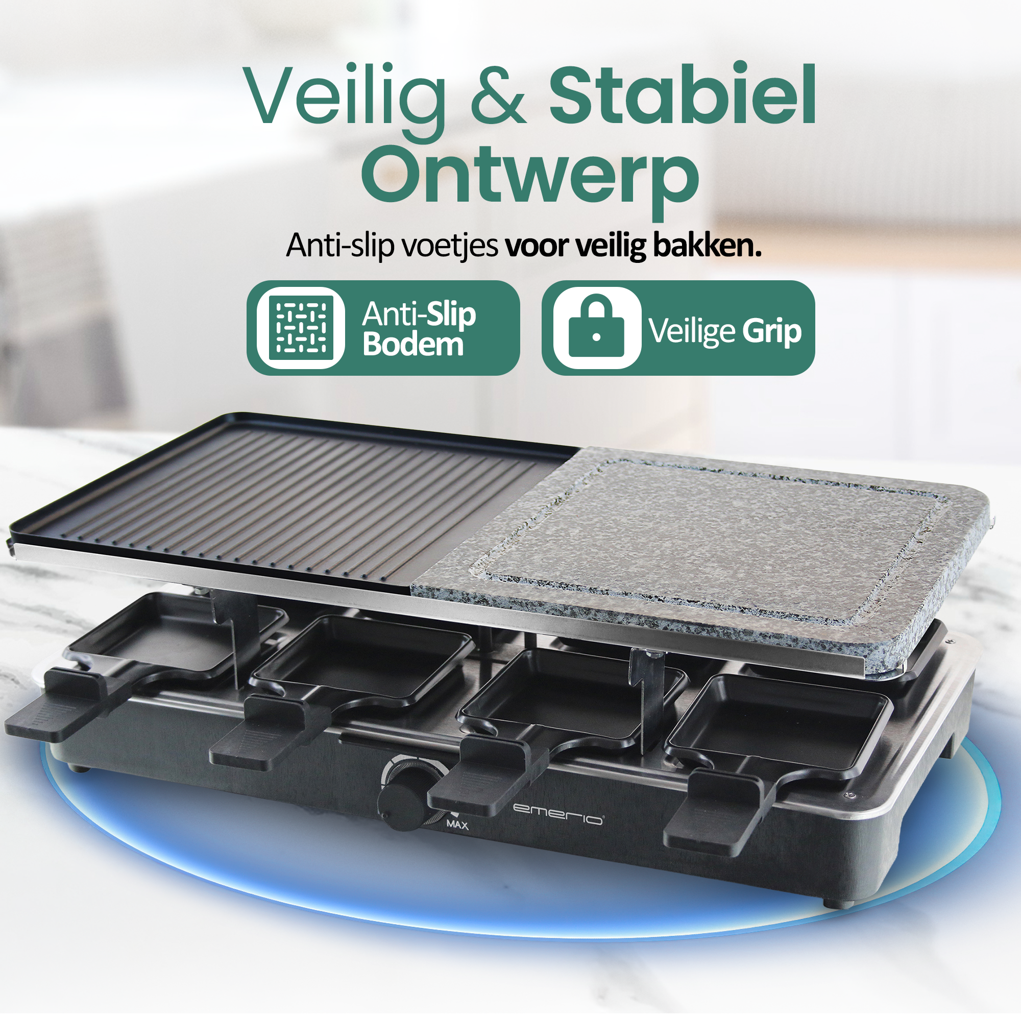 Raclette grill met zwart kookoppervlak en vier trays. Tekst: Veilig & stabiel ontwerp, Anti-slip voetjes voor veilig bakken.