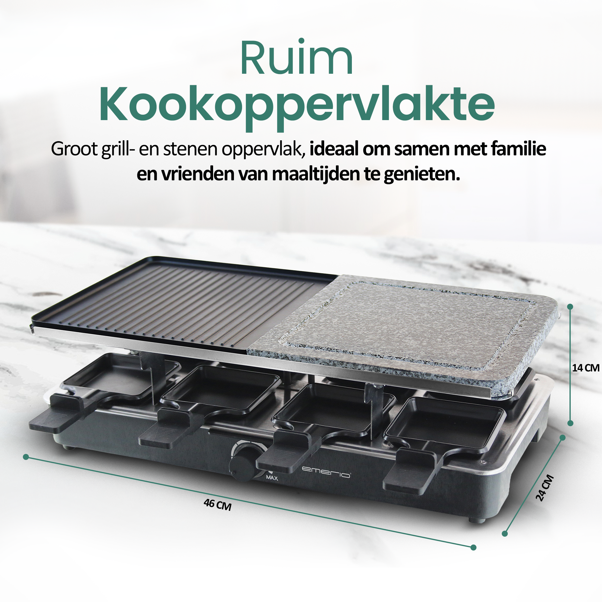 Een raclettegrill met een grill- en stenen oppervlak, met afmetingen weergegeven. De tekst hierboven luidt Kookoppervlakte.