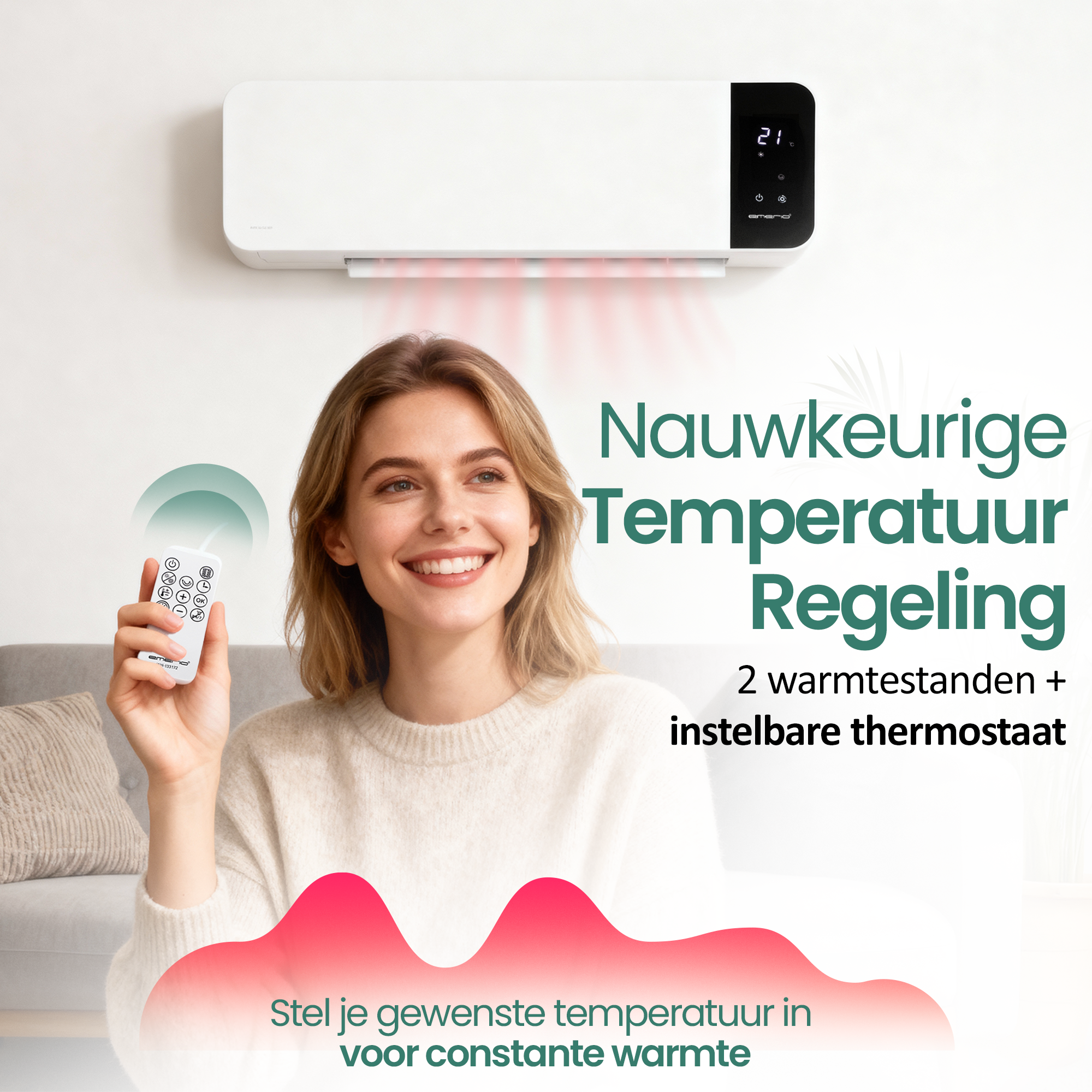 Donna con telecomando sorride sotto termosifone bianco. Testo: Controllo preciso della temperatura, 2 impostazioni, termostato regolabile.