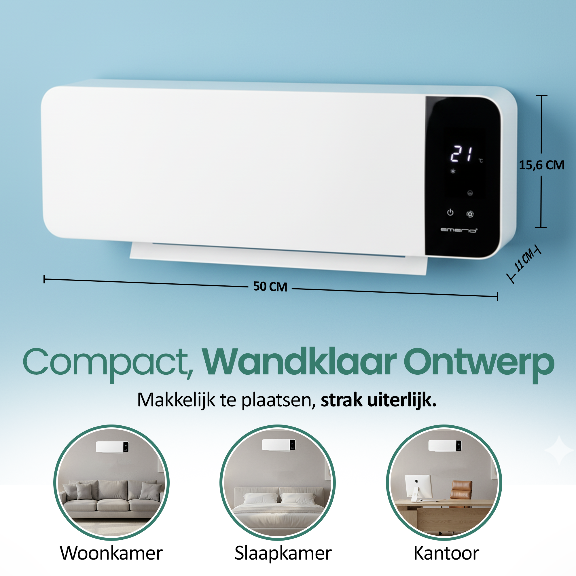 Condizionatore bianco con display digitale, che mostra 21 gradi. Le dimensioni sono indicate. Il testo dice 'Compact, Wandklaar Ontwerp'.