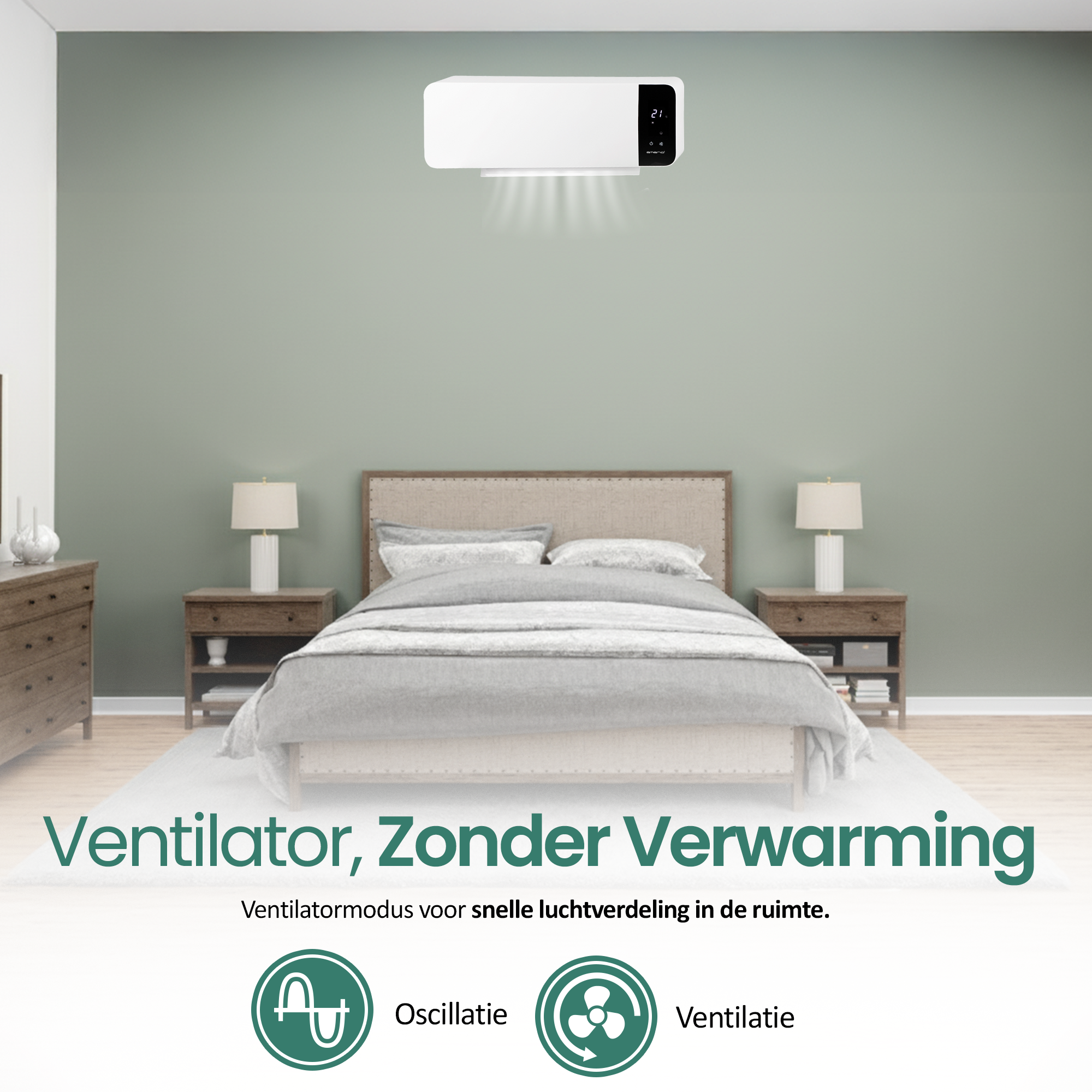 Una camera da letto con letto, comodini e condizionatore a parete. Il testo dice 'Ventilator, Zonder Verwarming'.