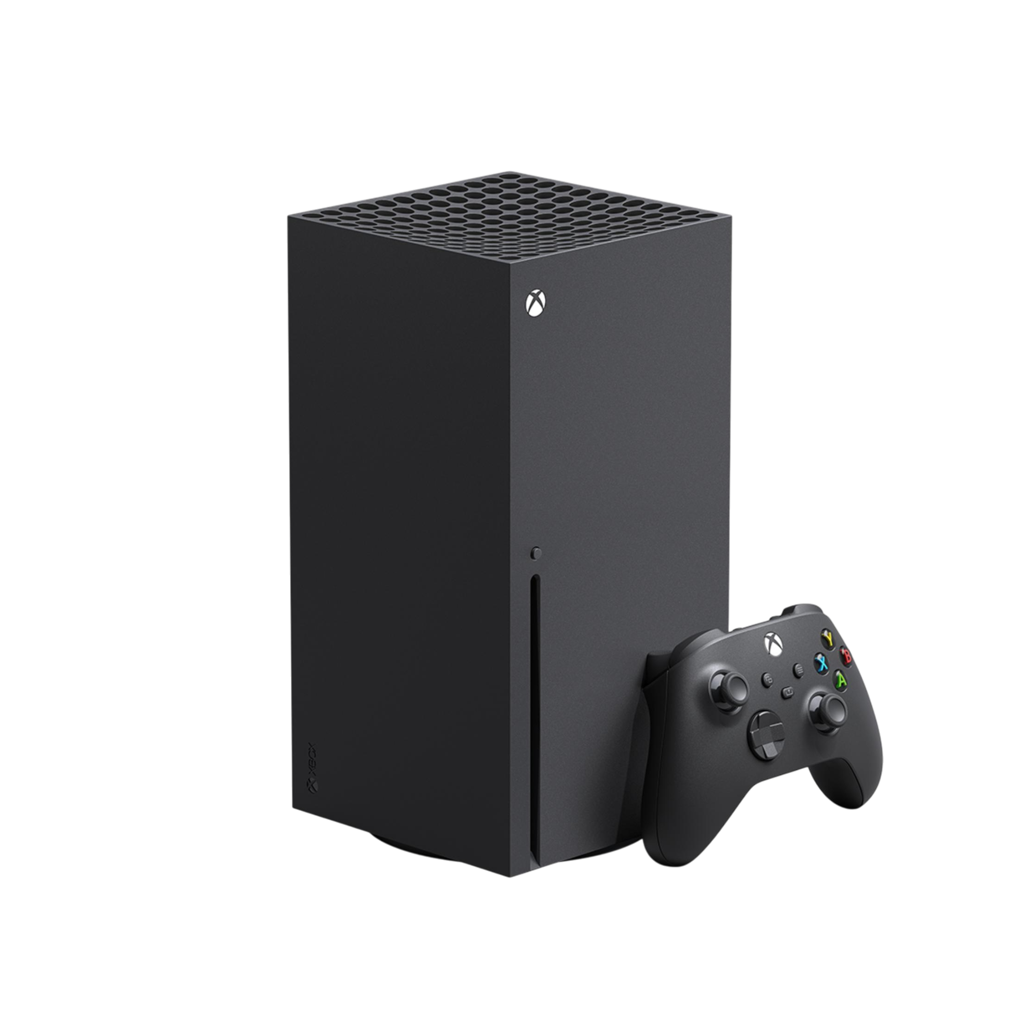 Schwarze Xbox Series X Konsole und Controller auf schwarzem Hintergrund. Konsole steht. Controller rechts.