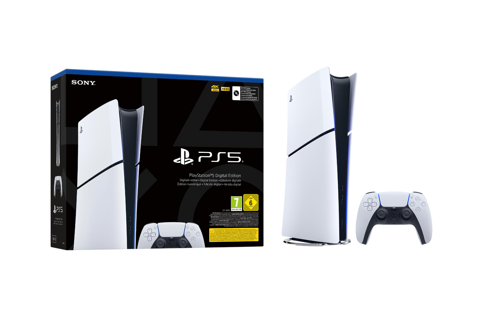 PlayStation 5 Digital Edition Konsole, Controller und Box auf schwarzem Hintergrund.