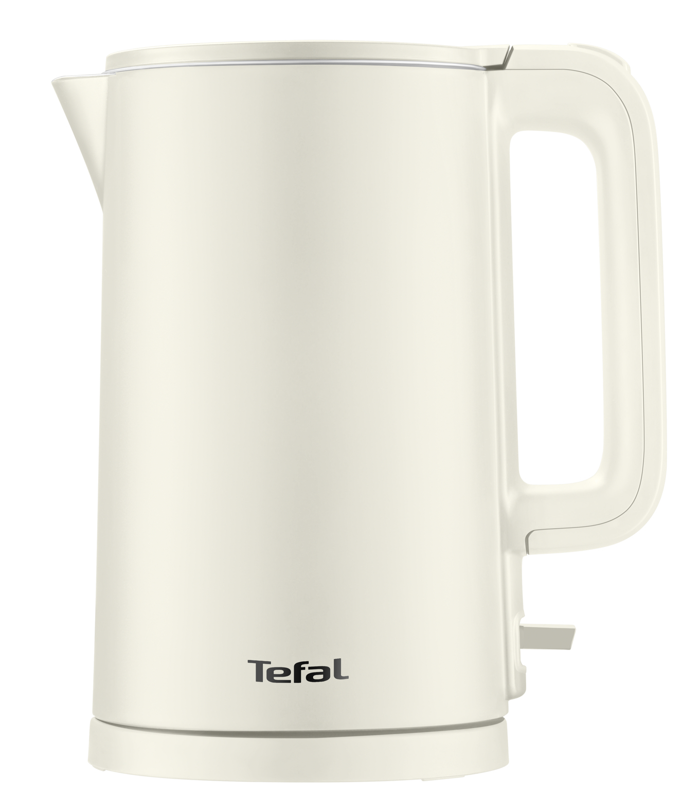 Bouilloire électrique crème avec une poignée et un bec. La marque 'Tefal' est imprimée sur le devant.