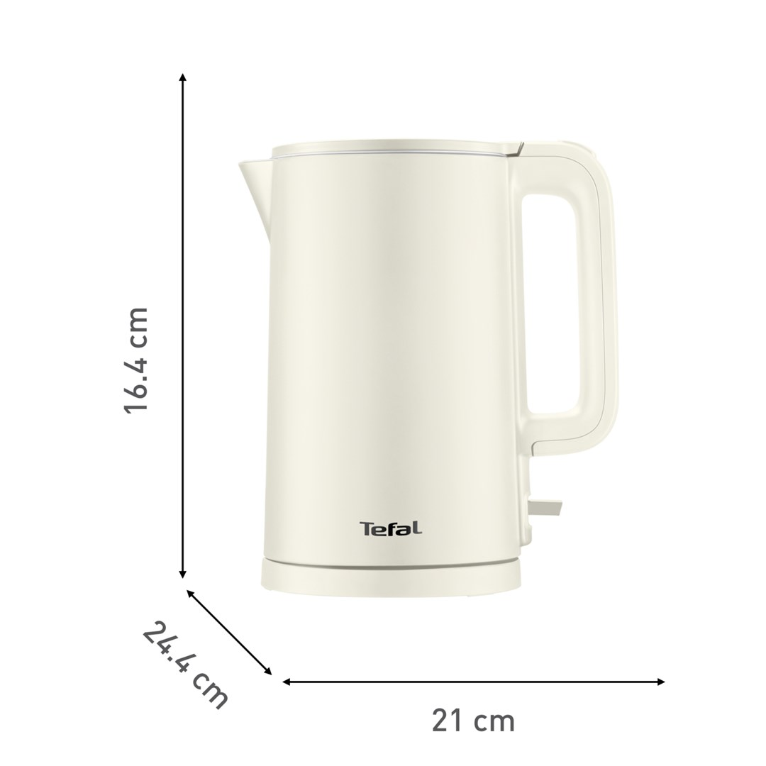Une bouilloire électrique Tefal blanc cassé. Dimensions : 16,4 cm de haut, 24,4 cm de large et 21 cm à la base.