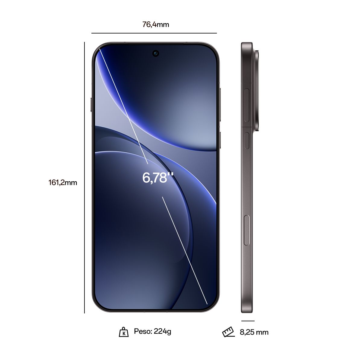 Smartphone, vista frontale e laterale. Design curvo del display. Dimensioni: 161,2 mm x 76,4 mm x 8,25 mm. Peso: 224 g. Dimensioni schermo: 6,78".