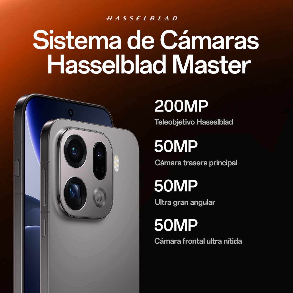 Un telefono con sistema fotocamera Hasselblad Master viene mostrato con le sue caratteristiche: teleobiettivo 200MP, principale 50MP, ultra-grandangolare 50MP e fotocamera frontale 50MP.