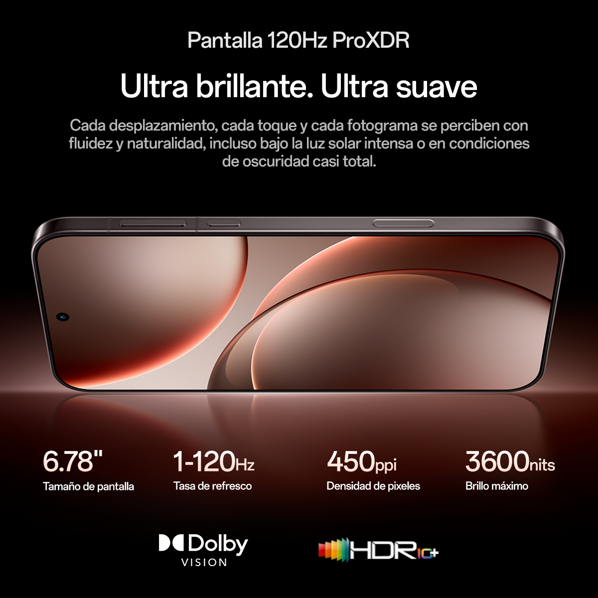 Uno schermo di smartphone mostra del testo. Le specifiche includono dimensioni dello schermo, frequenza di aggiornamento, densità dei pixel e luminosità. Loghi Dolby Vision e HDR10+.