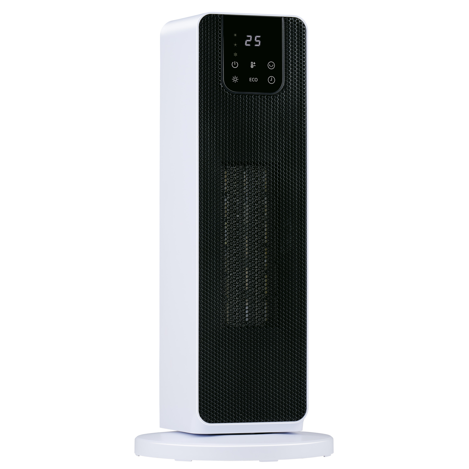 Een witte en zwarte torenverwarming met een digitaal display met 25. Het heeft een ronde voet.
