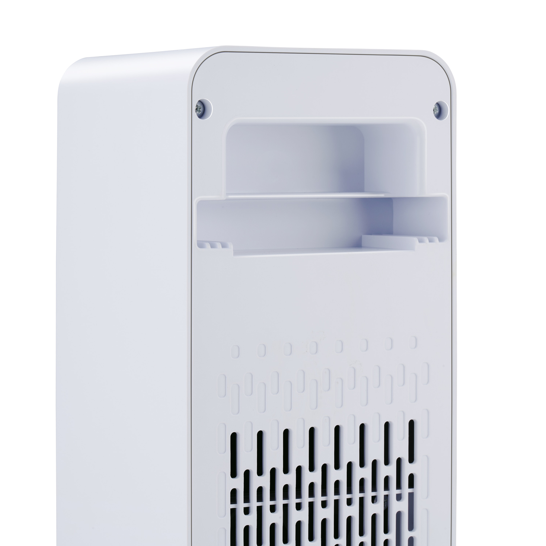 Achterkant van een wit apparaat met ventilatieopeningen, een kleine plank en schroefdetails. Het heeft een afgeronde vorm.