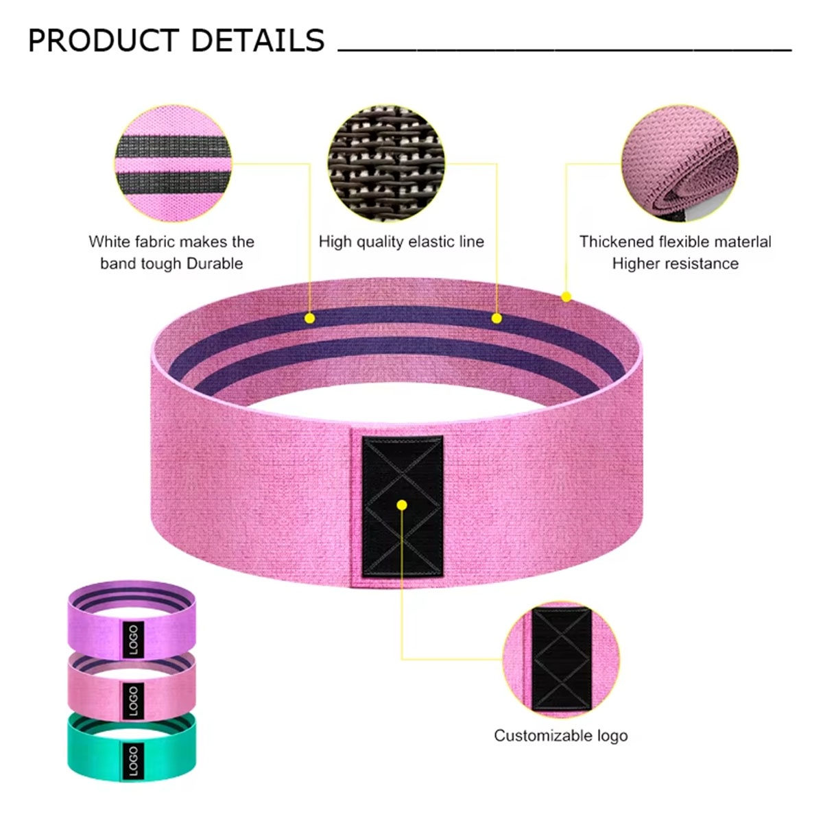 Banda de resistencia rosa con rayas moradas. Detalles muestran tela, línea elástica y logo. Bandas adicionales en rosa, morado y verde.