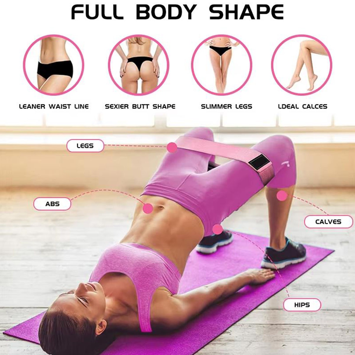 Una mujer hace ejercicio con una banda de resistencia, acostada en una esterilla. La imagen muestra las mejoras en la forma del cuerpo.