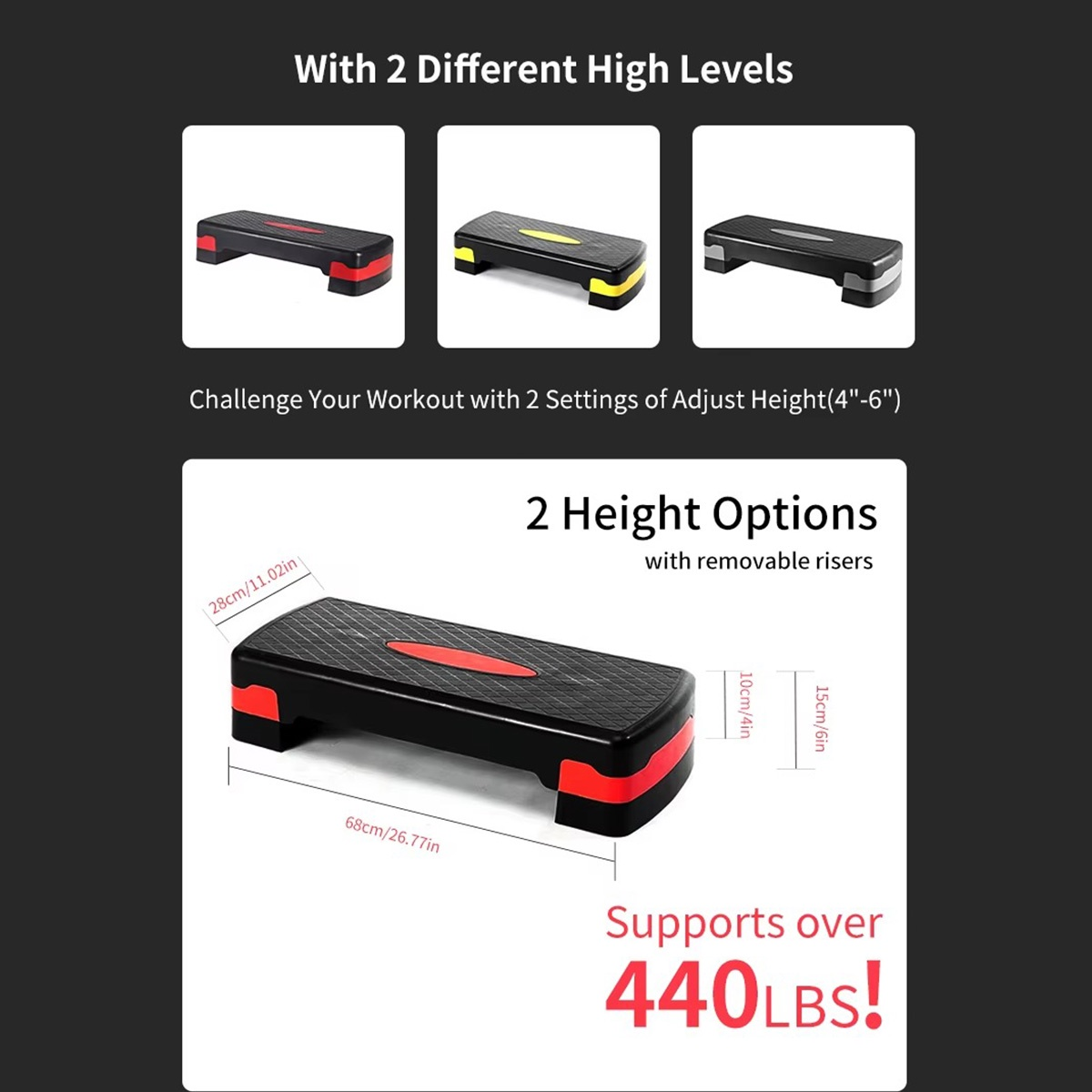 Plataforma de step negra con detalles rojos. Incluye opciones de altura y soporta más de 440 libras. El texto destaca características clave.