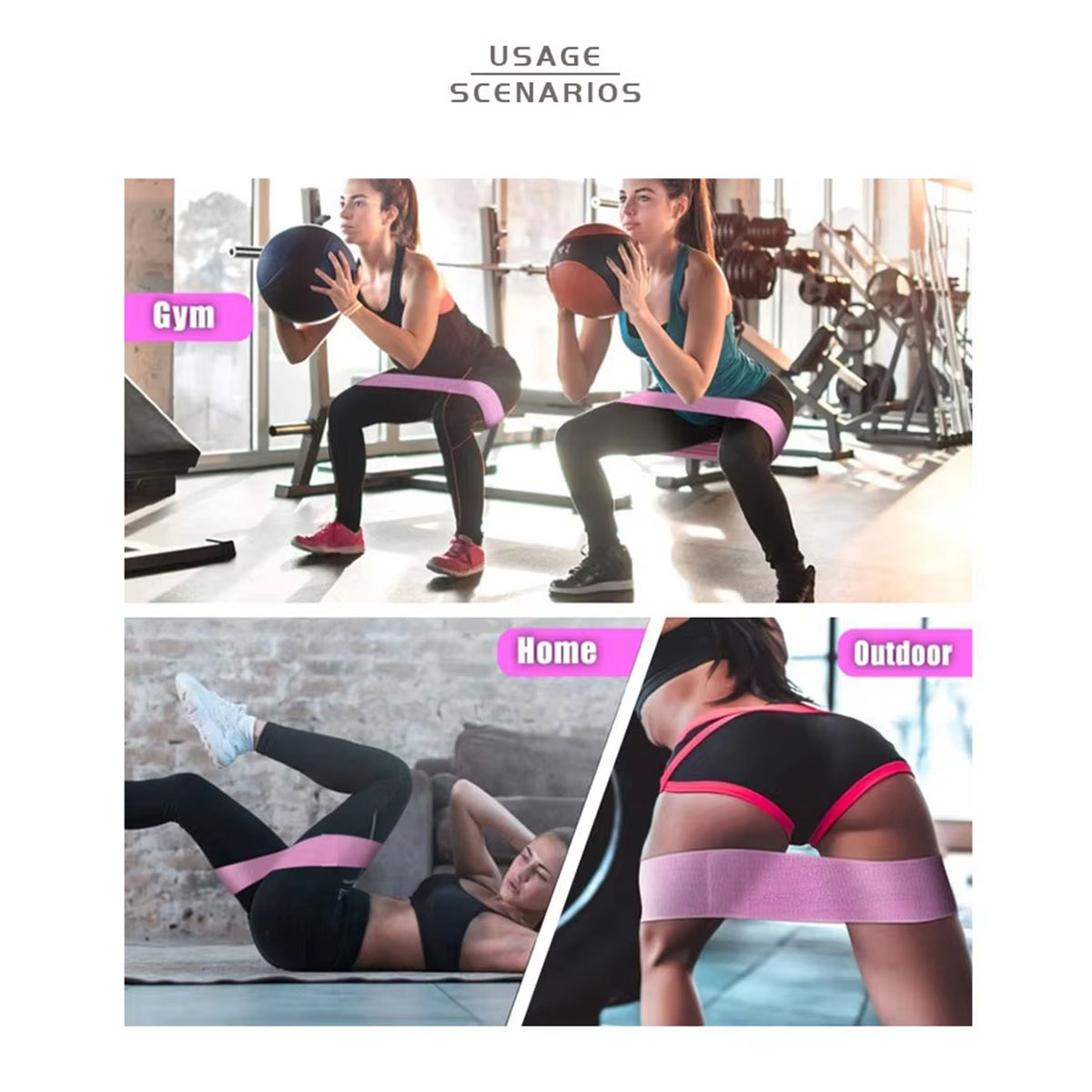 La imagen muestra a mujeres haciendo ejercicio con bandas de resistencia en gimnasio, casa y al aire libre. Demuestra escenarios de uso para fitness.