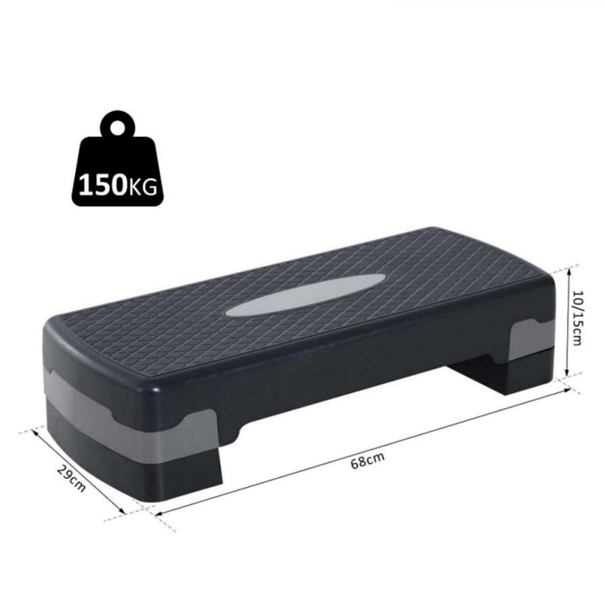 Una plataforma de step negra con detalles grises, dimensiones etiquetadas. Un icono de peso muestra 150 kg. La plataforma es texturizada y tiene un diseño ovalado.