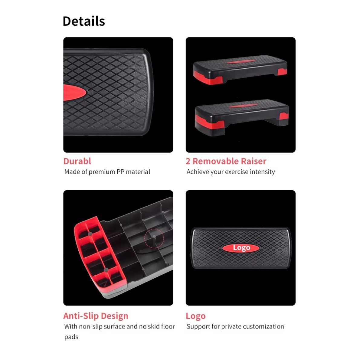 Imagen muestra detalles de un step de fitness: negro con detalles rojos. Incluye primeros planos de superficie, elevadores, diseño antideslizante y logotipo.