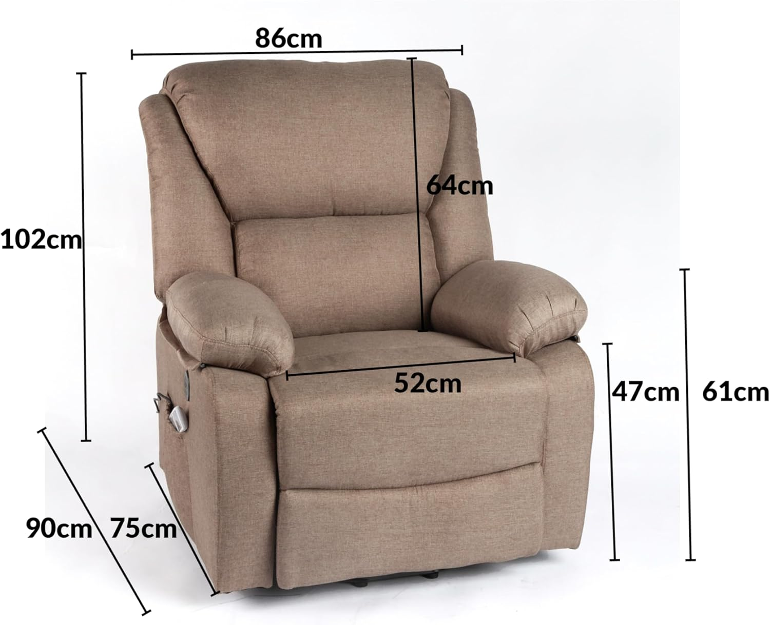 Una silla reclinable beige con dimensiones etiquetadas. La silla se coloca sobre un fondo blanco liso, lista para usar.