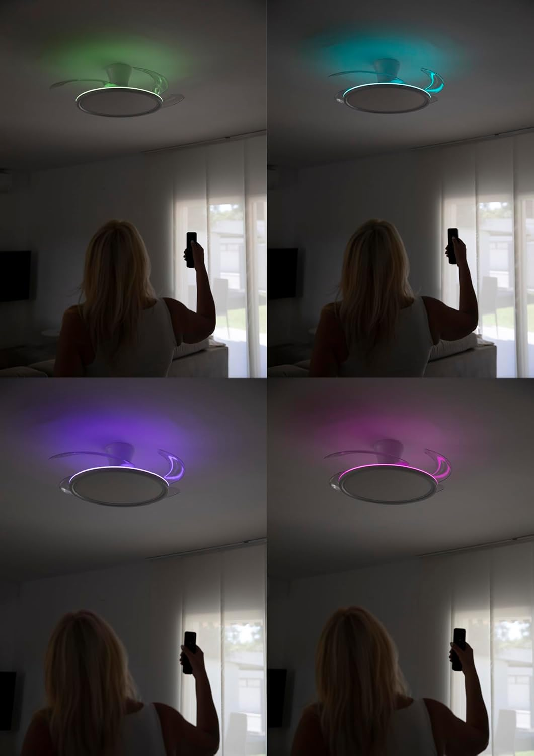Una mujer opera un control remoto, controlando un ventilador de techo con luces de colores cambiantes: verde, azul, morado y rosa.
