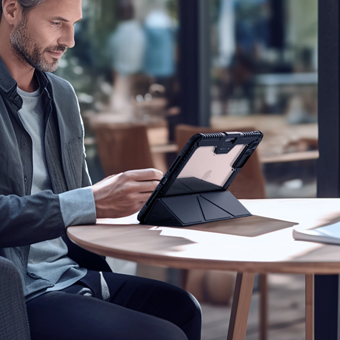 Un uomo è seduto a un tavolo, che usa un tablet. Il tablet è in una custodia. È in un bar, che guarda il tablet.