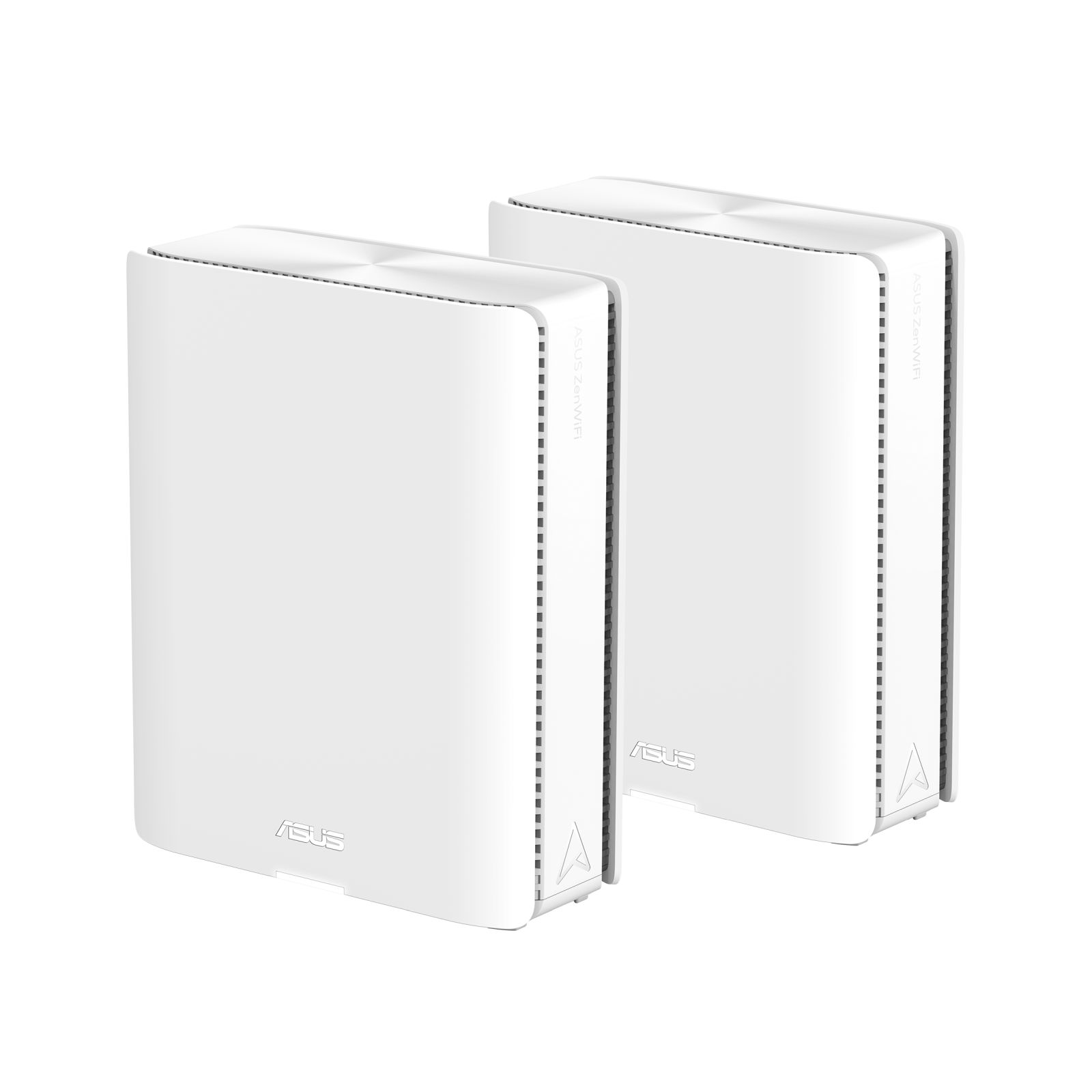 Zwei weiße ASUS ZenWiFi-Router. Jeder hat eine rechteckige Form mit dem ASUS-Logo und dem ZenWiFi-Text.