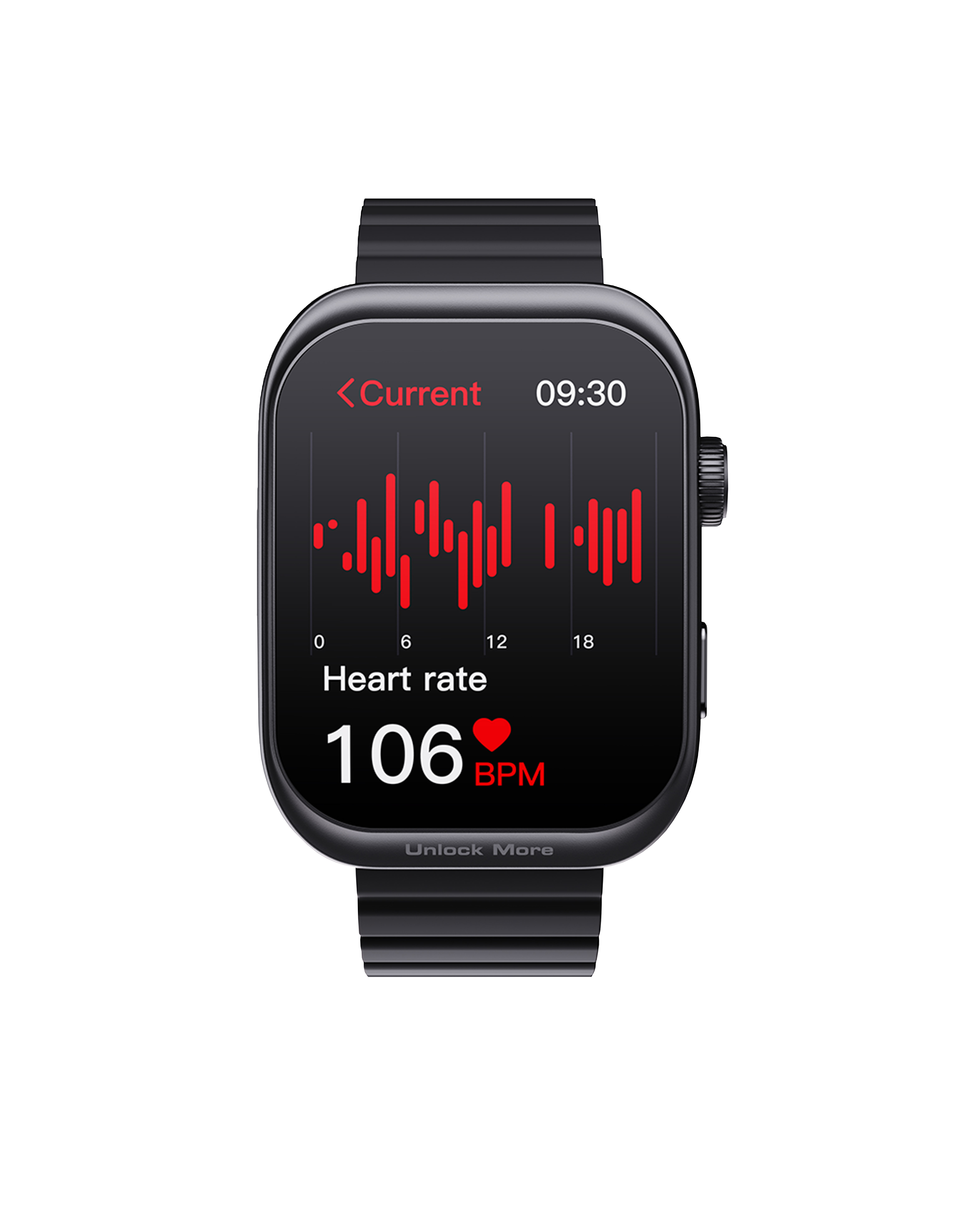 Siyah bir akıllı saat, kalp atış hızı verilerini gösteriyor. Ekran 106 BPM, zaman ve kırmızı bir grafik gösteriyor.